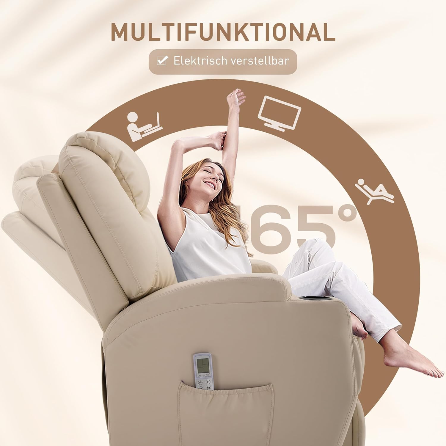 HOMCOM elektrischer Massagesessel Relaxsessel Fernsehsessel Massagefunktion Liegefunktion Kunstleder Holz Metall Schaumstoff Beige 82 x 97 x 110 cm — Ansicht 5