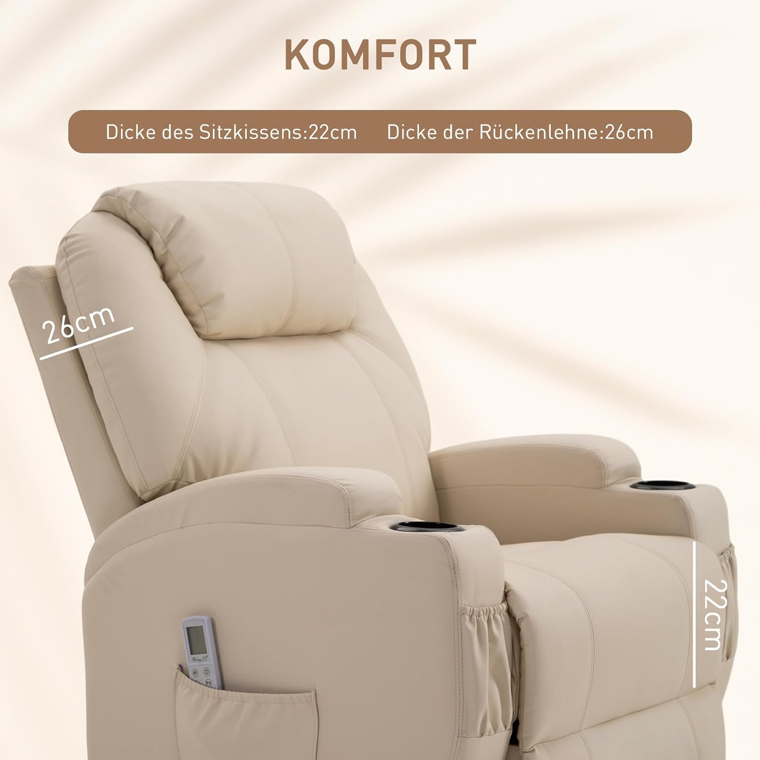 HOMCOM elektrischer Massagesessel Relaxsessel Fernsehsessel Massagefunktion Liegefunktion Kunstleder Holz Metall Schaumstoff Beige 82 x 97 x 110 cm — Ansicht 6