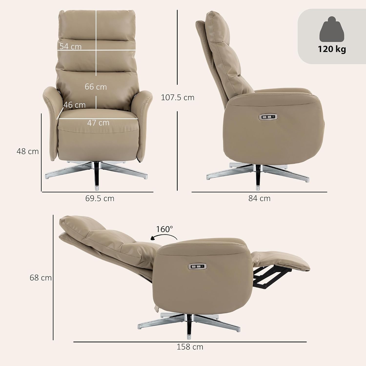 HOMCOM Elektrischer Relaxsessel, neigbar um 160 °, mit Fußstütze, elektrisch, gepolstert, ergonomisch, drehbar, mit USB- und Typ-C-Stecker, aus PU-Leder, Wohnzimmer, Büro, Braun — Ansicht 3