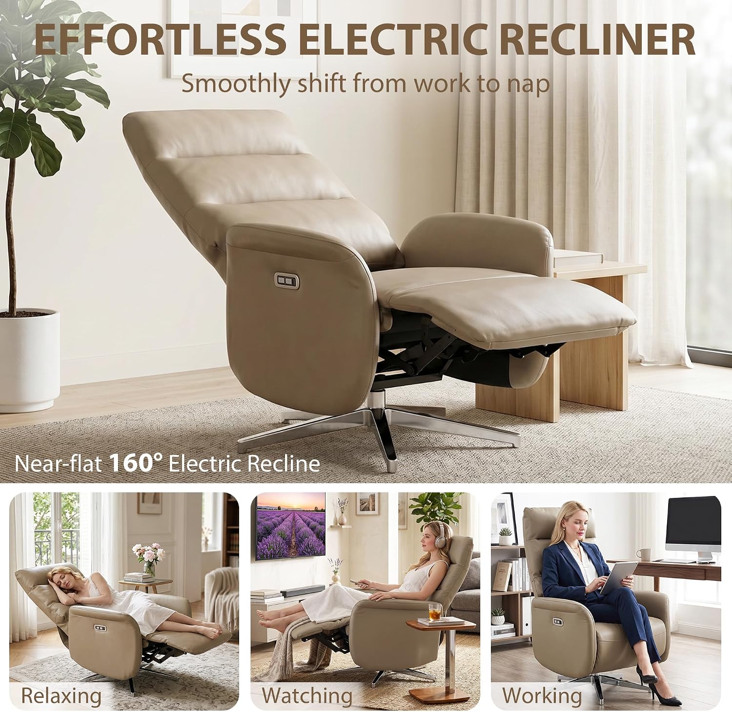 HOMCOM Elektrischer Relaxsessel, neigbar um 160 °, mit Fußstütze, elektrisch, gepolstert, ergonomisch, drehbar, mit USB- und Typ-C-Stecker, aus PU-Leder, Wohnzimmer, Büro, Braun — Ansicht 4