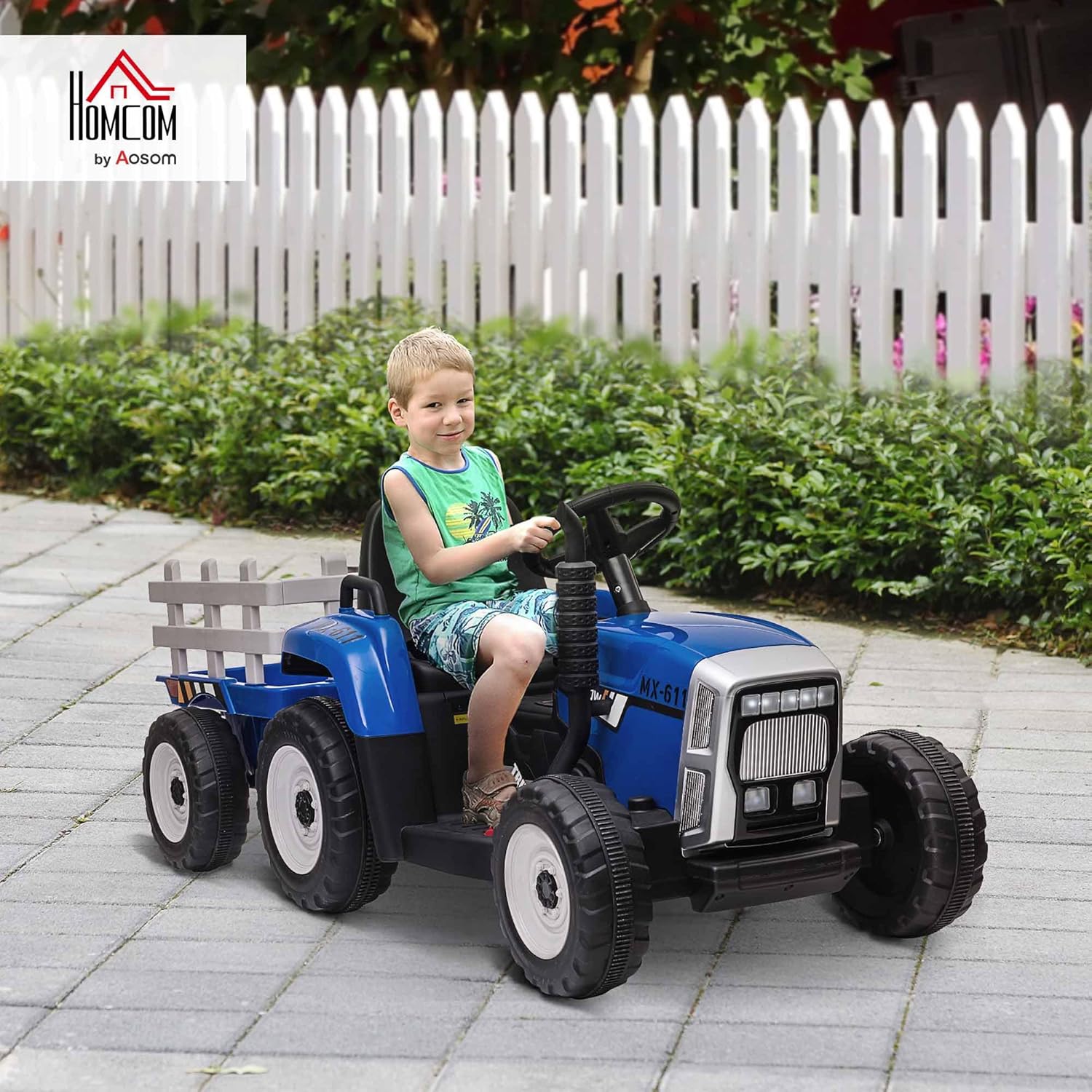 HOMCOM Elektrischer Traktor mit Anhänger 12V Kinder Aufsitztraktor mit 2,4G Fernbedienung, 2 Motor, Musik, Hupe & USB Funktionen, Kinder Elektroauto für 3-6 Jahre Kinder, Blau — Ansicht 2