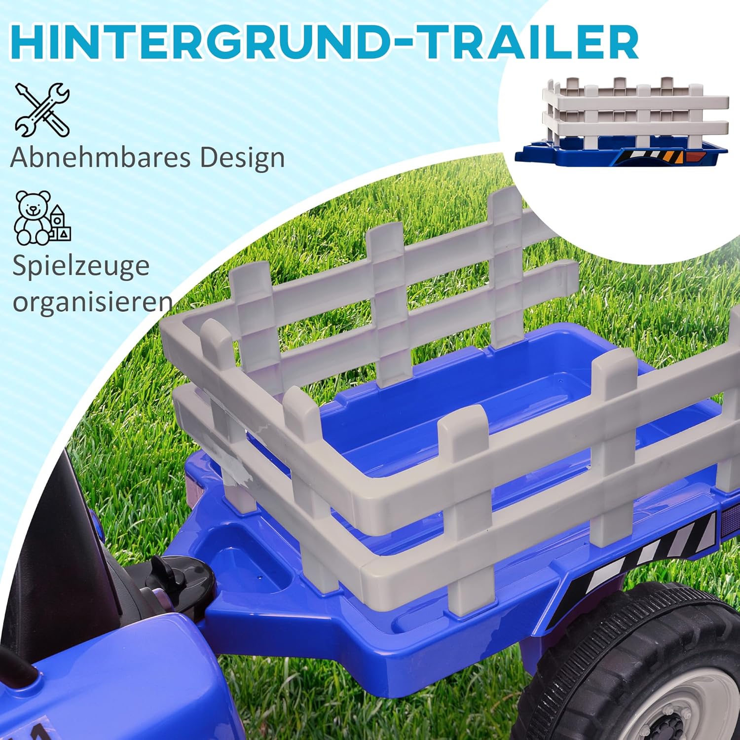 HOMCOM Elektrischer Traktor mit Anhänger 12V Kinder Aufsitztraktor mit 2,4G Fernbedienung, 2 Motor, Musik, Hupe & USB Funktionen, Kinder Elektroauto für 3-6 Jahre Kinder, Blau — Ansicht 3