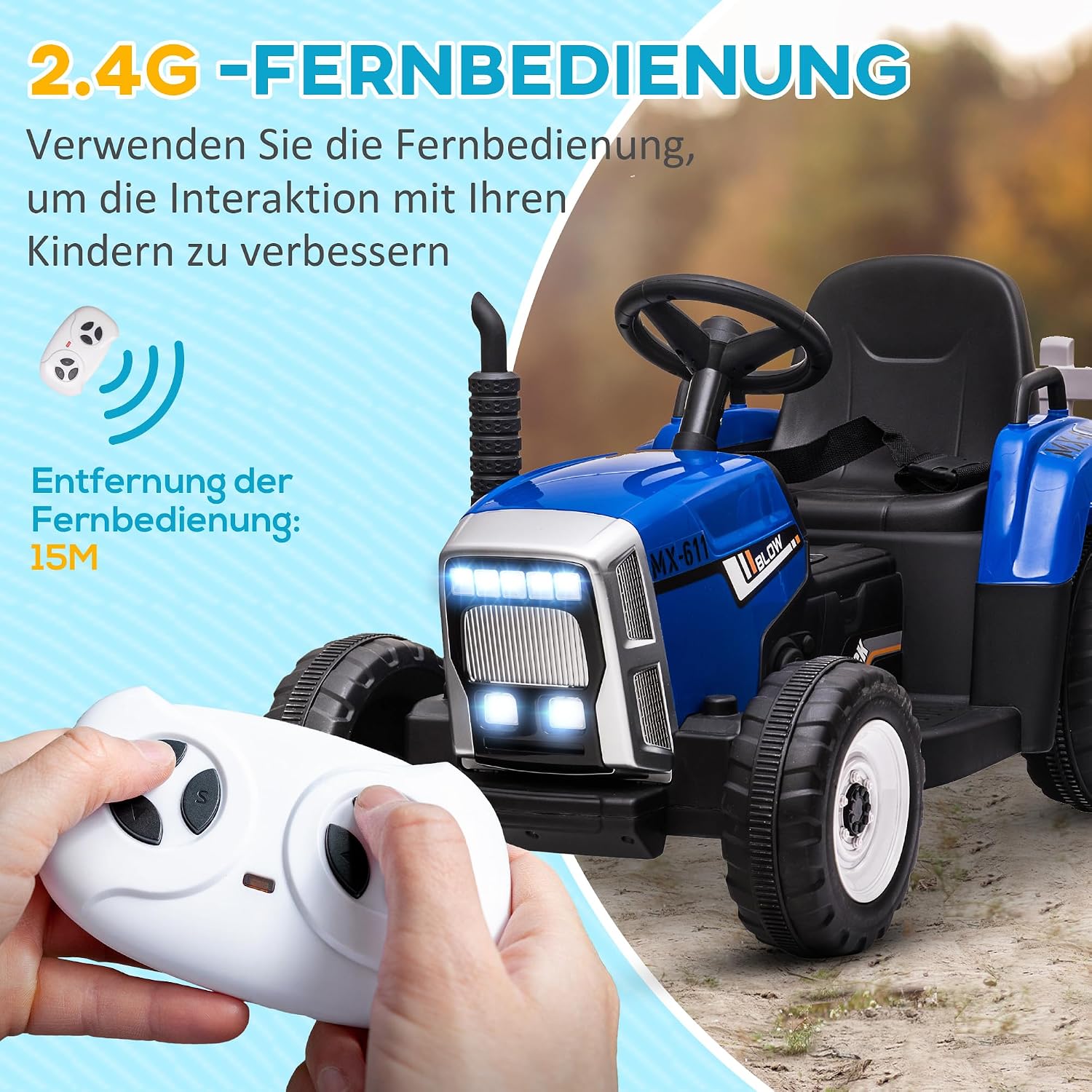 HOMCOM Elektrischer Traktor mit Anhänger 12V Kinder Aufsitztraktor mit 2,4G Fernbedienung, 2 Motor, Musik, Hupe & USB Funktionen, Kinder Elektroauto für 3-6 Jahre Kinder, Blau — Ansicht 4