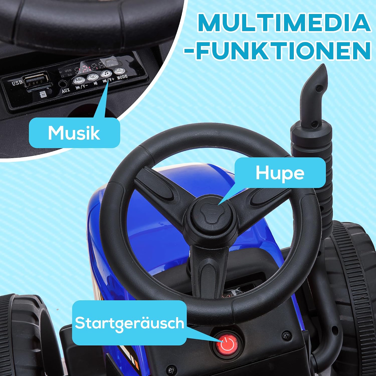 HOMCOM Elektrischer Traktor mit Anhänger 12V Kinder Aufsitztraktor mit 2,4G Fernbedienung, 2 Motor, Musik, Hupe & USB Funktionen, Kinder Elektroauto für 3-6 Jahre Kinder, Blau — Ansicht 5