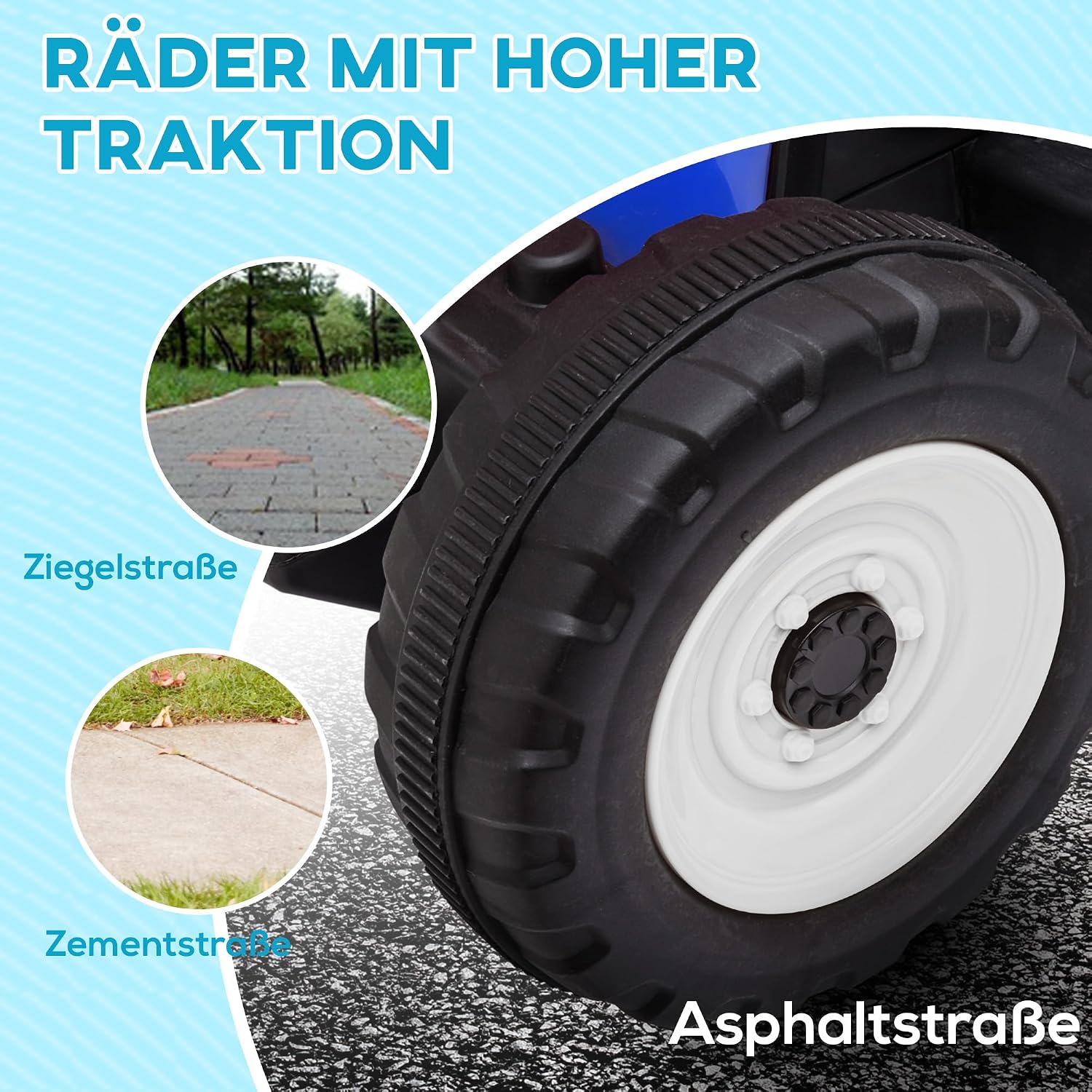 HOMCOM Elektrischer Traktor mit Anhänger 12V Kinder Aufsitztraktor mit 2,4G Fernbedienung, 2 Motor, Musik, Hupe & USB Funktionen, Kinder Elektroauto für 3-6 Jahre Kinder, Blau — Ansicht 6