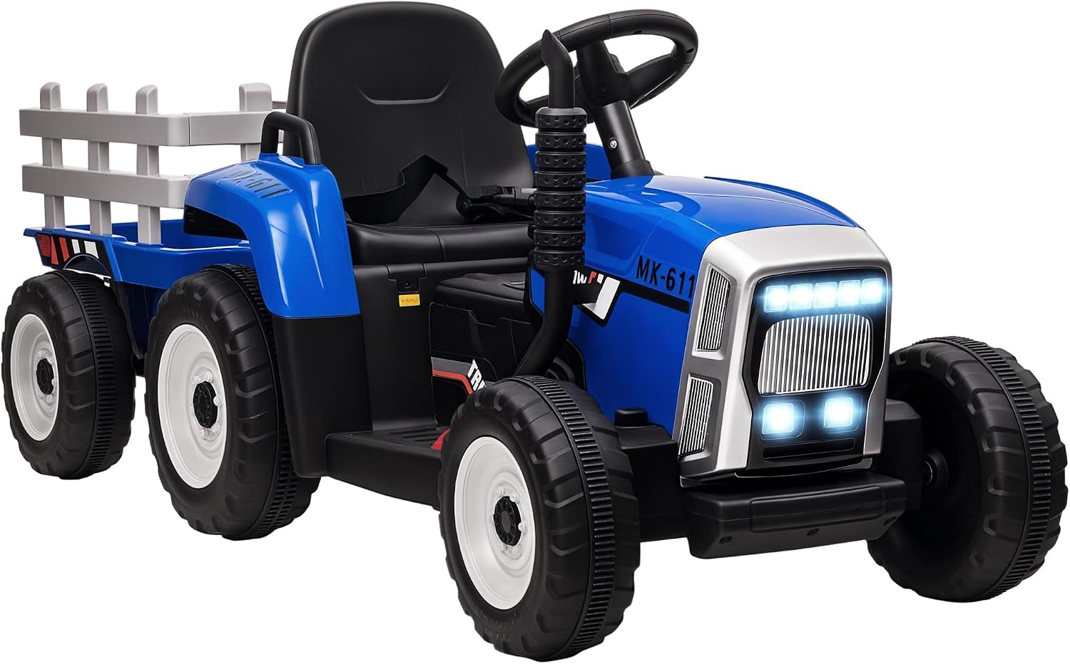 HOMCOM Elektrischer Traktor mit Anhänger 12V Kinder Aufsitztraktor mit 2,4G Fernbedienung, 2 Motor, Musik, Hupe & USB Funktionen, Kinder Elektroauto für 3-6 Jahre Kinder, Blau