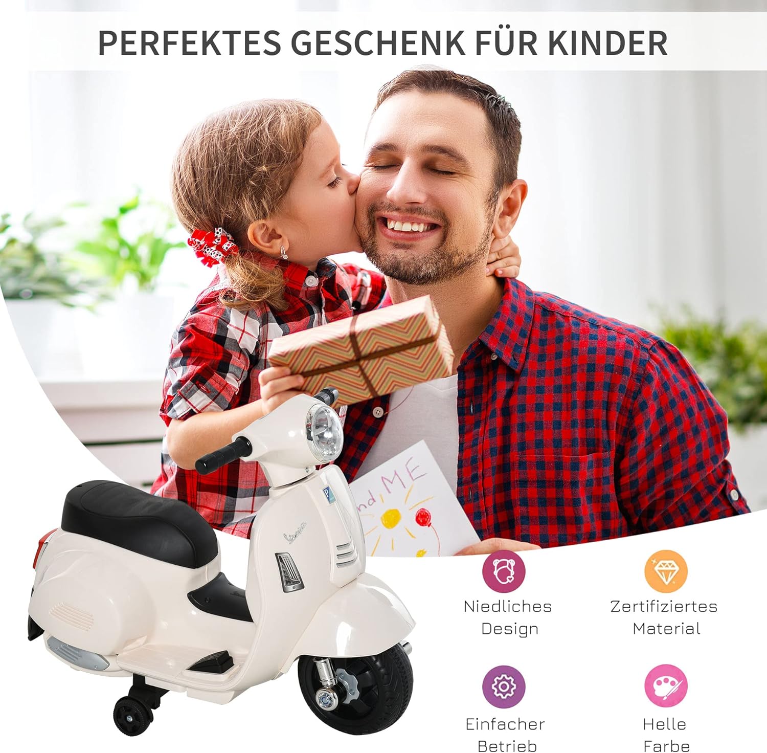 HOMCOM Elektro Kindermotorrad Vespa Elektromotorrad mit LED-Licht, Sound, Kinder Elektro Motorrad für Kinder von 18-36 Monate Weiß — Ansicht 3