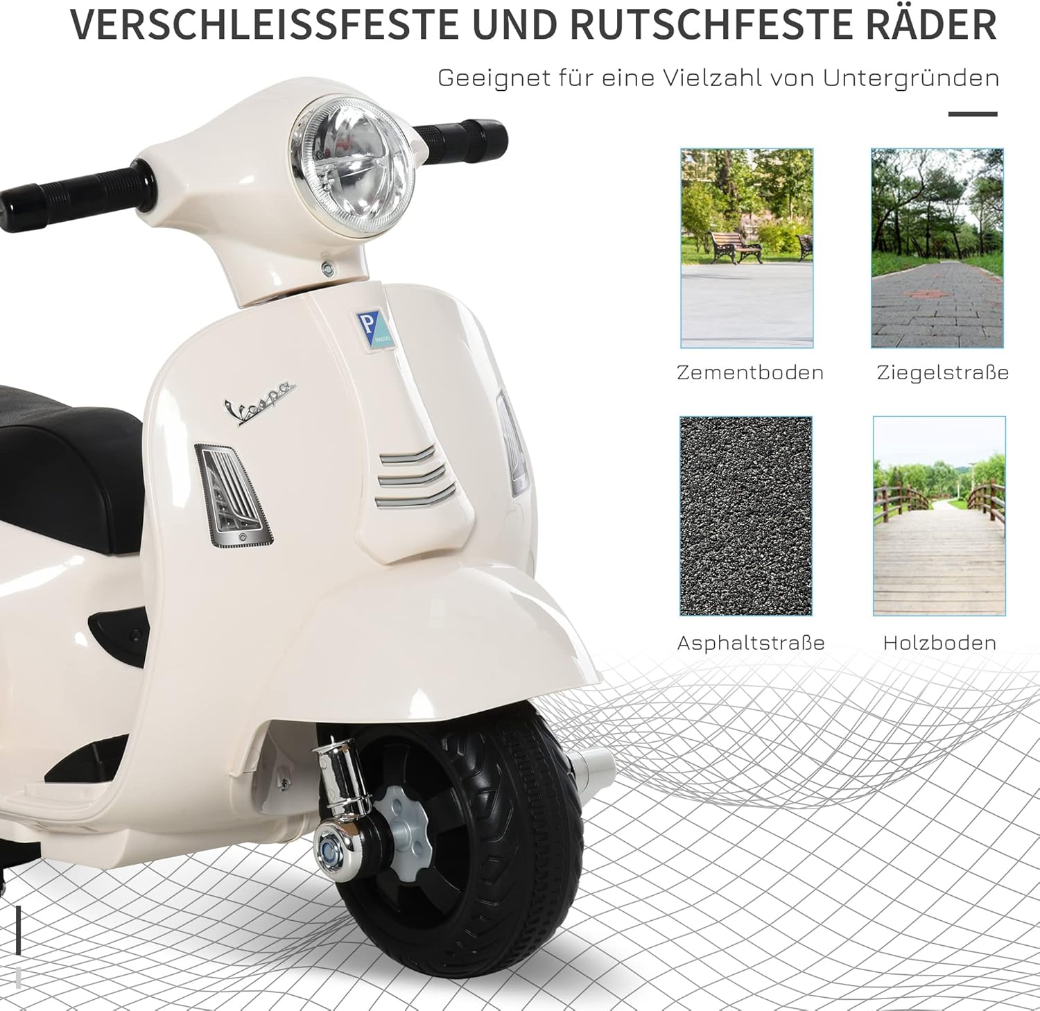 HOMCOM Elektro Kindermotorrad Vespa Elektromotorrad mit LED-Licht, Sound, Kinder Elektro Motorrad für Kinder von 18-36 Monate Weiß — Ansicht 4