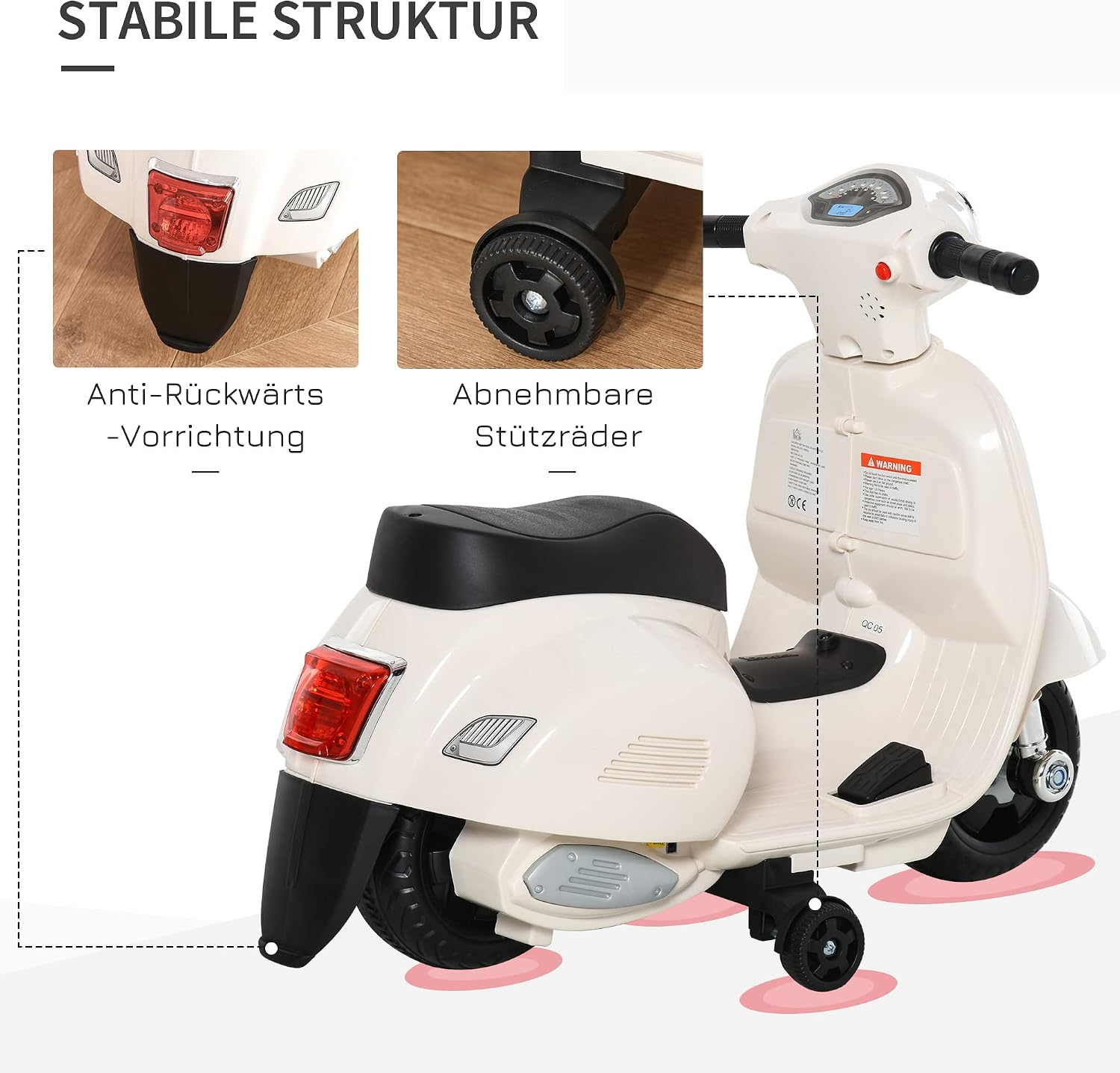 HOMCOM Elektro Kindermotorrad Vespa Elektromotorrad mit LED-Licht, Sound, Kinder Elektro Motorrad für Kinder von 18-36 Monate Weiß — Ansicht 5
