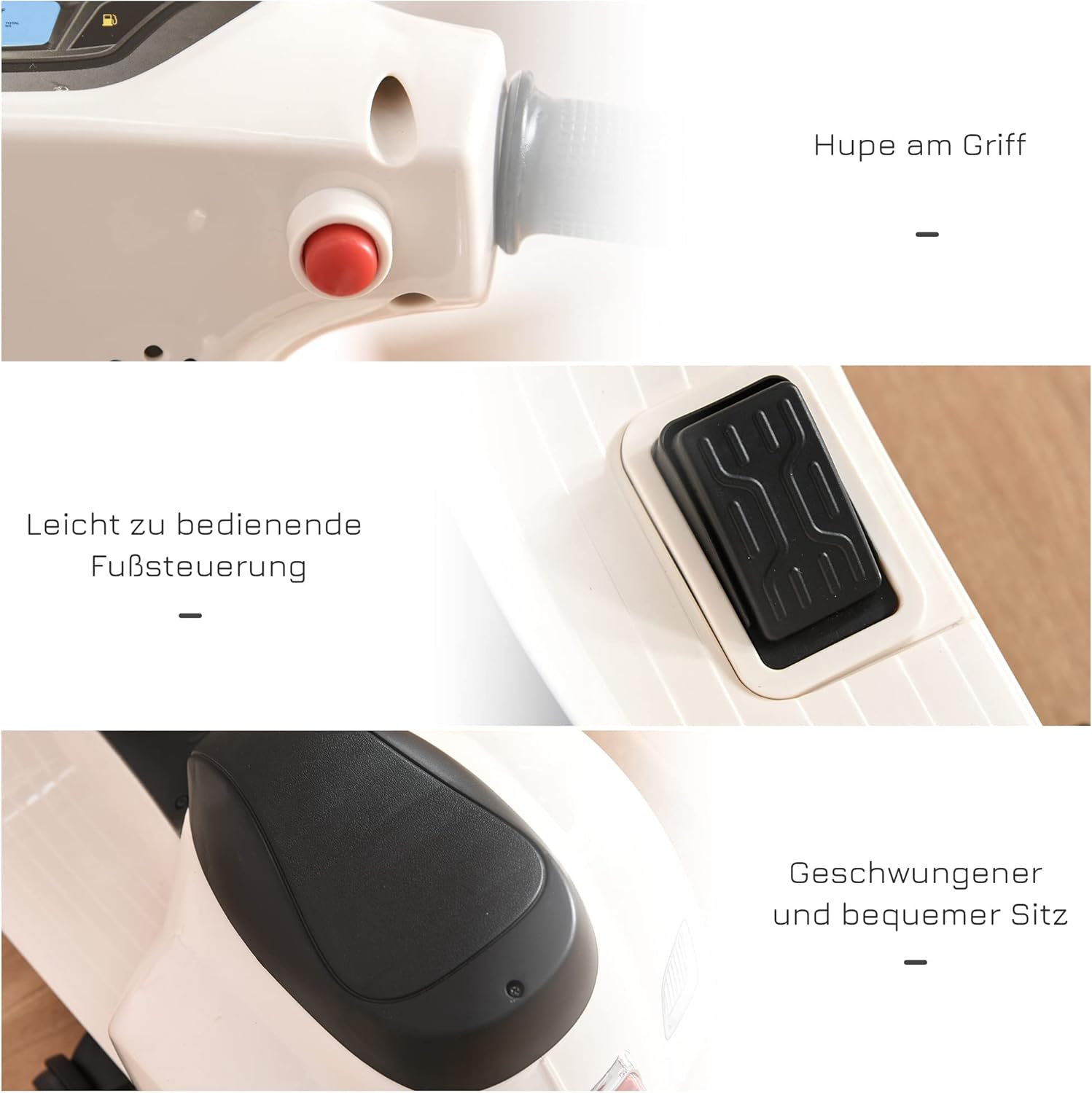 HOMCOM Elektro Kindermotorrad Vespa Elektromotorrad mit LED-Licht, Sound, Kinder Elektro Motorrad für Kinder von 18-36 Monate Weiß — Ansicht 6