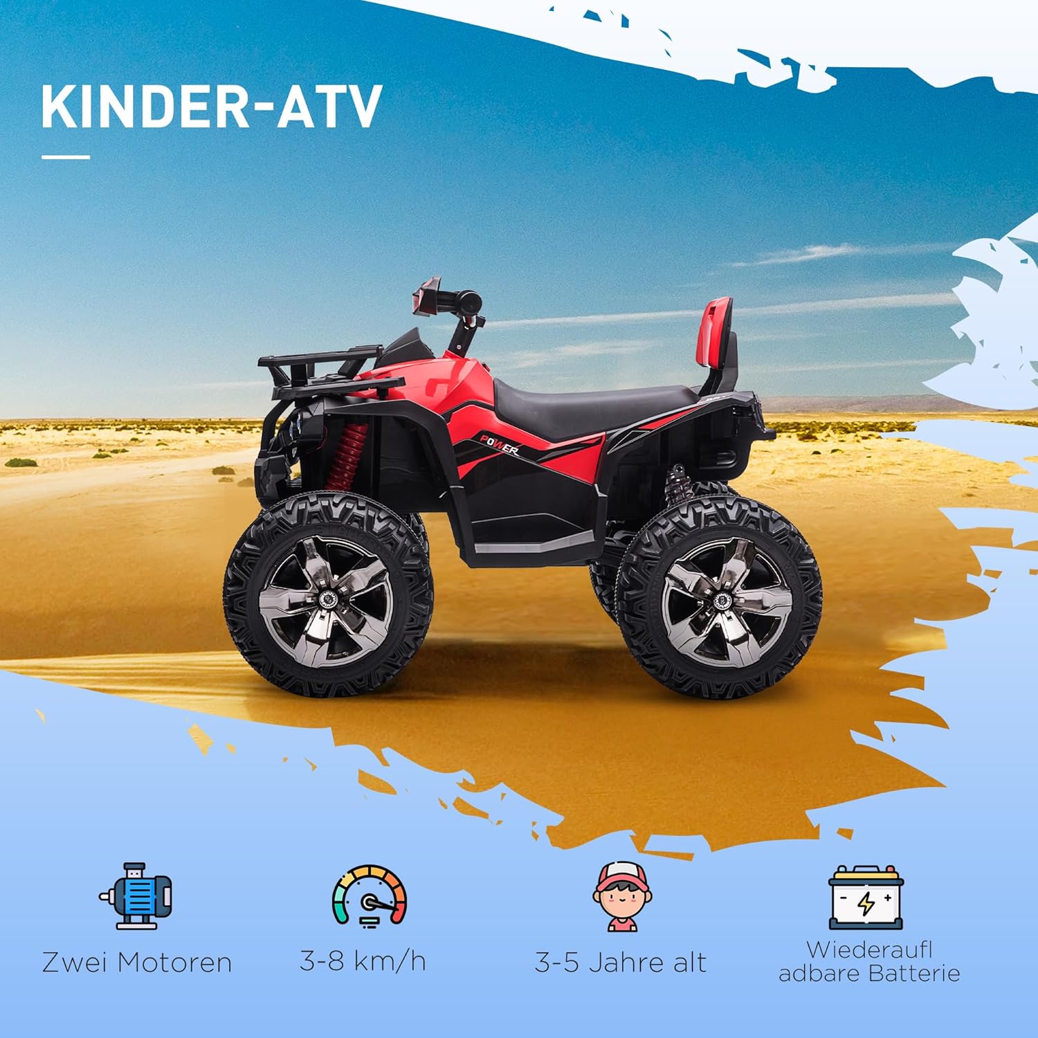 HOMCOM Elektro Quad für Kinder, 12V 10Ah Kinder Quad mit Vorwärts-, Rückwärtsfunktion, 2 Motor, USB-Anschluss, MP3-Musikplayer, Kinderfahrzeug mit Scheinwerfer 3-8 km/h, für 3-5 Jahre, Rot — Ansicht 3