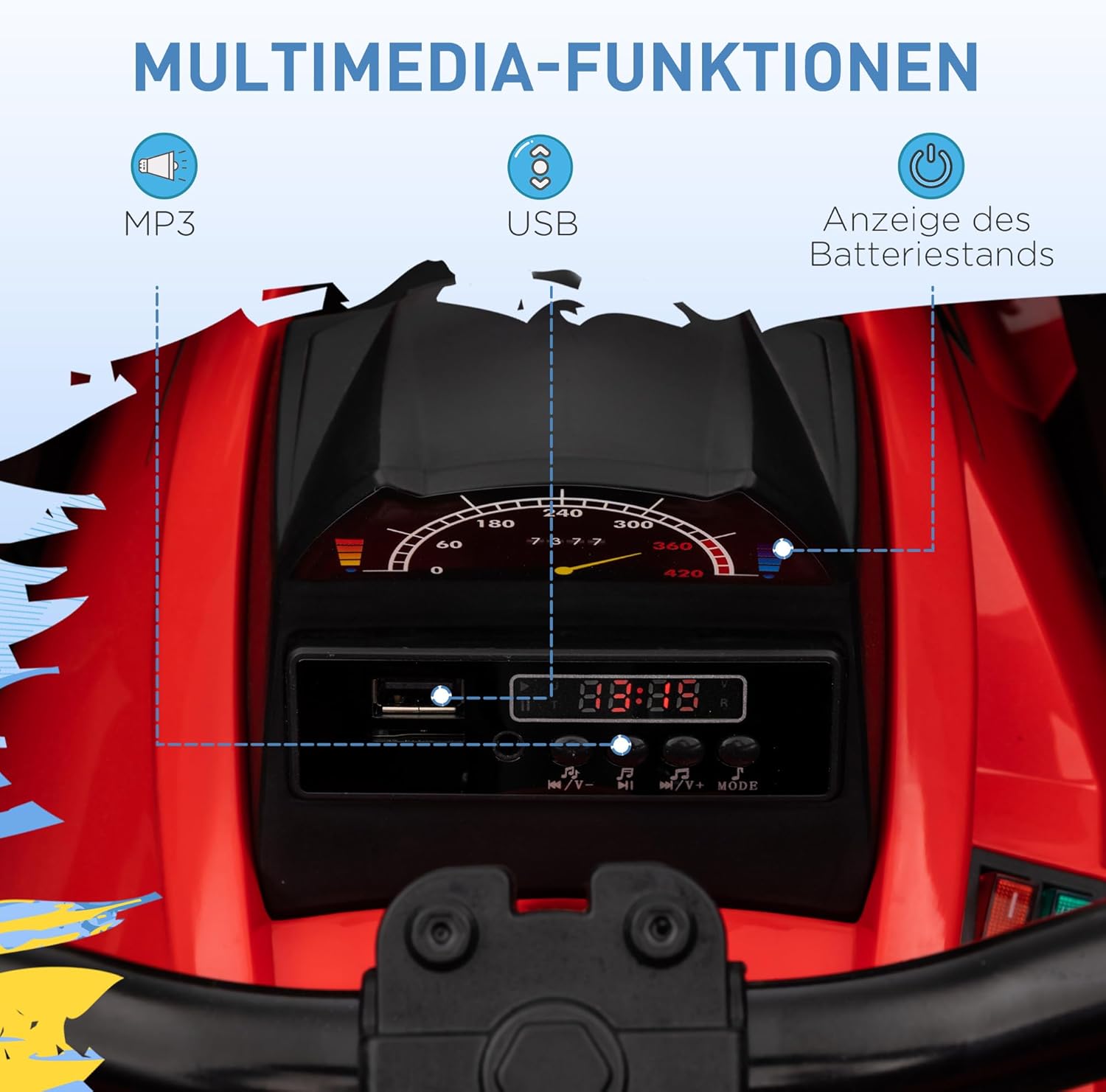 HOMCOM Elektro Quad für Kinder, 12V 10Ah Kinder Quad mit Vorwärts-, Rückwärtsfunktion, 2 Motor, USB-Anschluss, MP3-Musikplayer, Kinderfahrzeug mit Scheinwerfer 3-8 km/h, für 3-5 Jahre, Rot — Ansicht 4