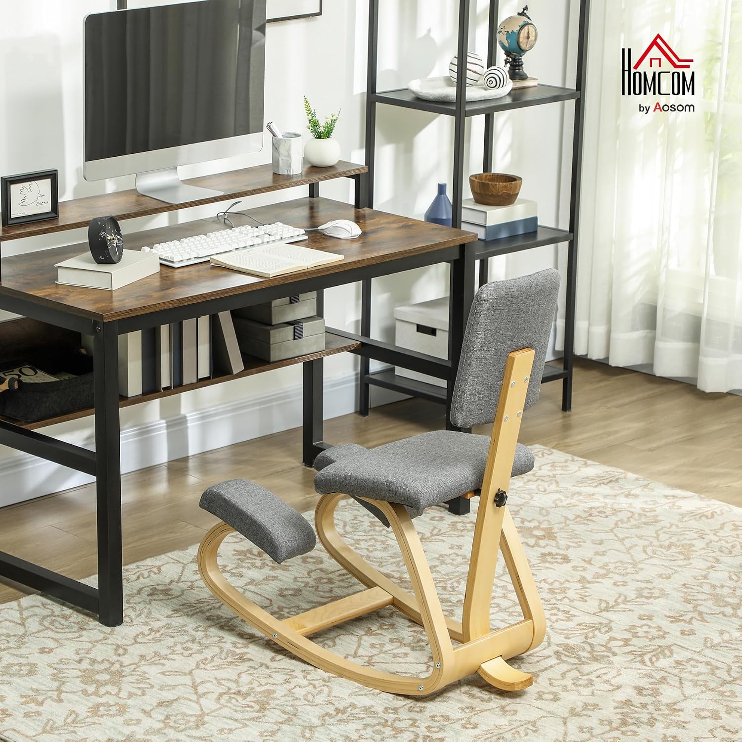 HOMCOM Ergonomischer Kniestuhl, Kniehocker mit Rückenlehne, Basis aus Holz Bürostuhl für Zuhause, Büro, Meditation, zur Verbesserung der Nackenschmerzen Rückenschmerzen Grau — Ansicht 2