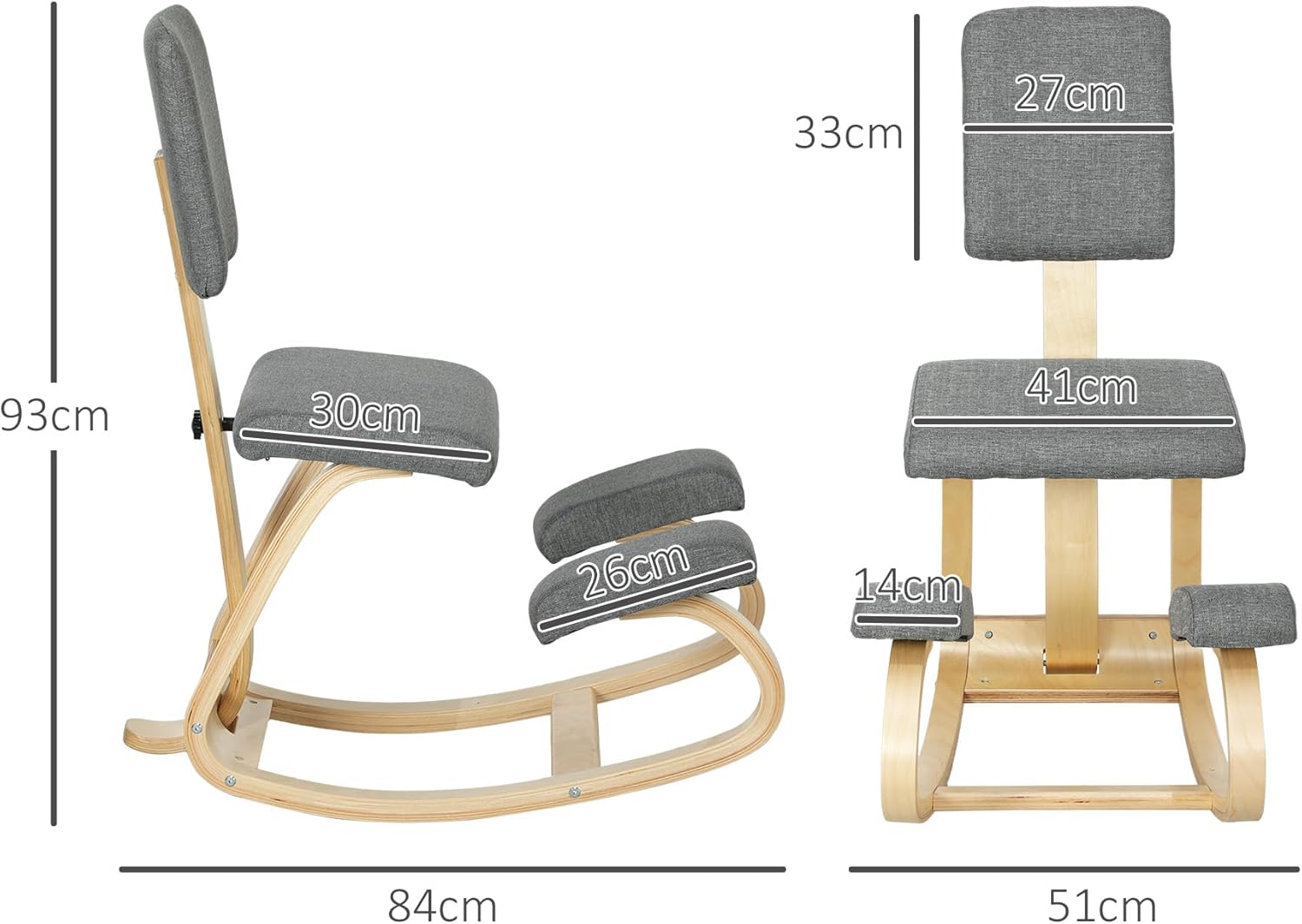 HOMCOM Ergonomischer Kniestuhl, Kniehocker mit Rückenlehne, Basis aus Holz Bürostuhl für Zuhause, Büro, Meditation, zur Verbesserung der Nackenschmerzen Rückenschmerzen Grau — Ansicht 3