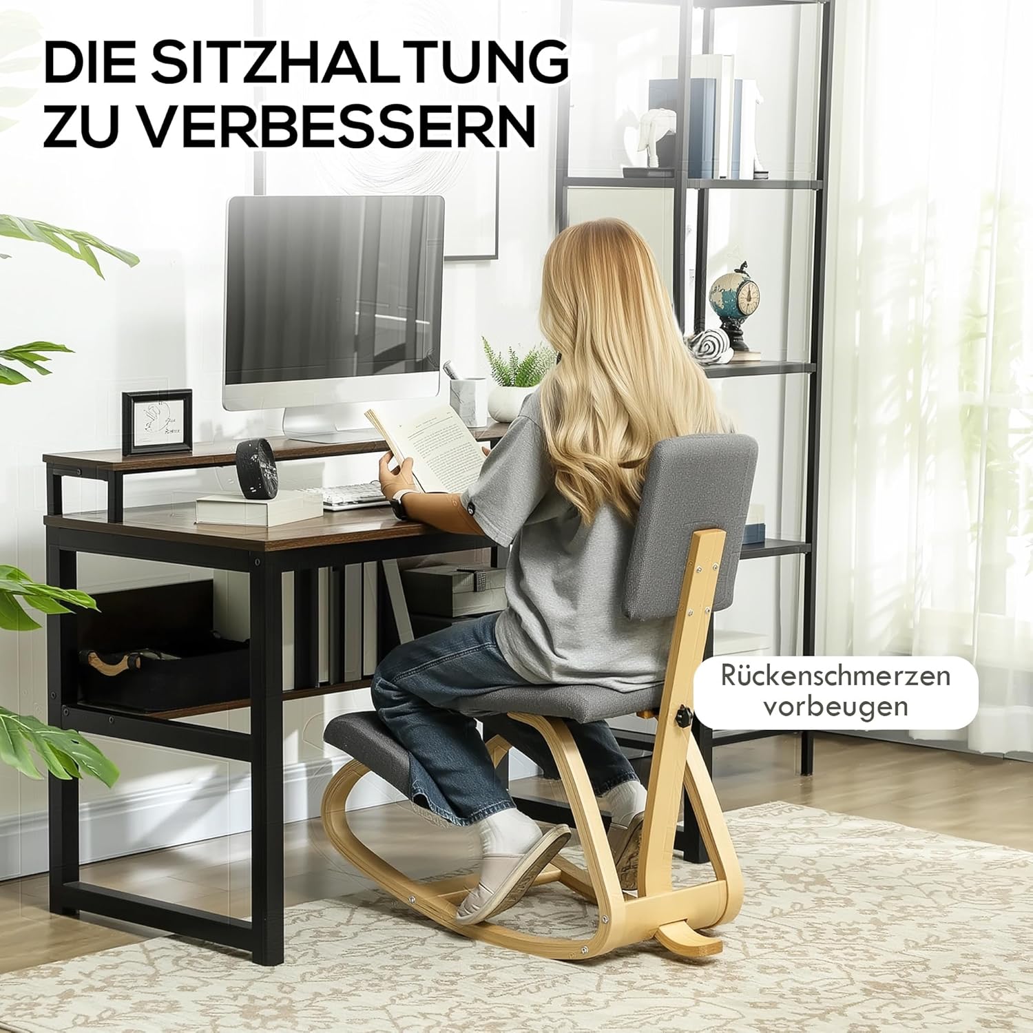 HOMCOM Ergonomischer Kniestuhl, Kniehocker mit Rückenlehne, Basis aus Holz Bürostuhl für Zuhause, Büro, Meditation, zur Verbesserung der Nackenschmerzen Rückenschmerzen Grau — Ansicht 4