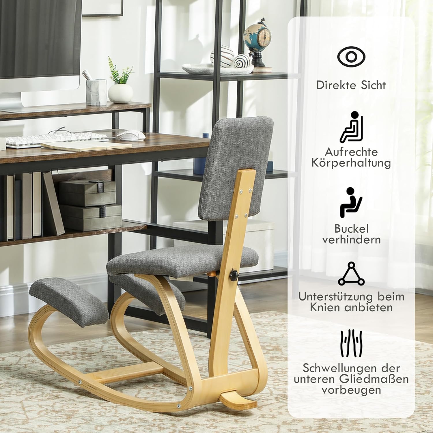 HOMCOM Ergonomischer Kniestuhl, Kniehocker mit Rückenlehne, Basis aus Holz Bürostuhl für Zuhause, Büro, Meditation, zur Verbesserung der Nackenschmerzen Rückenschmerzen Grau — Ansicht 5