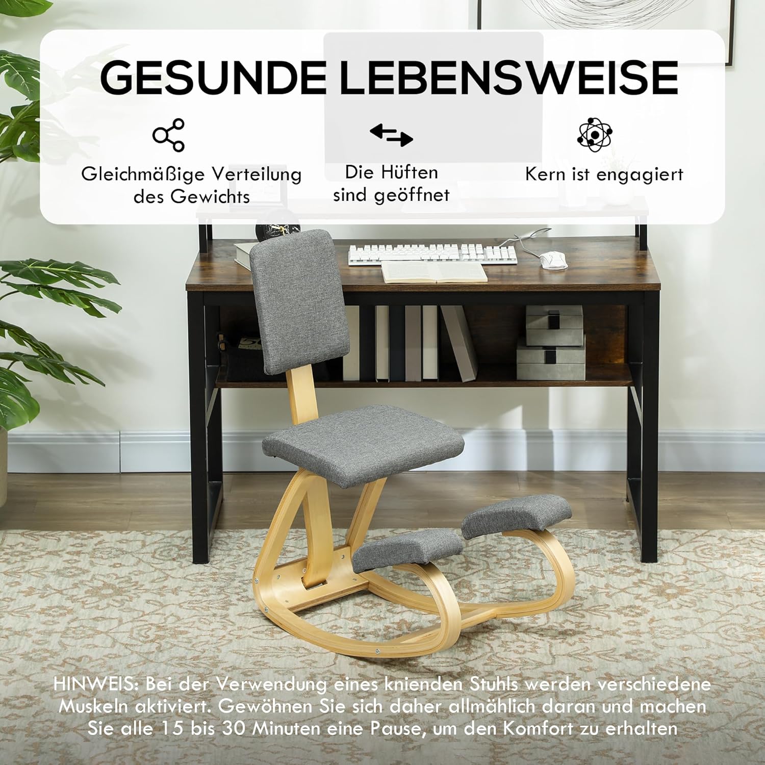 HOMCOM Ergonomischer Kniestuhl, Kniehocker mit Rückenlehne, Basis aus Holz Bürostuhl für Zuhause, Büro, Meditation, zur Verbesserung der Nackenschmerzen Rückenschmerzen Grau — Ansicht 6