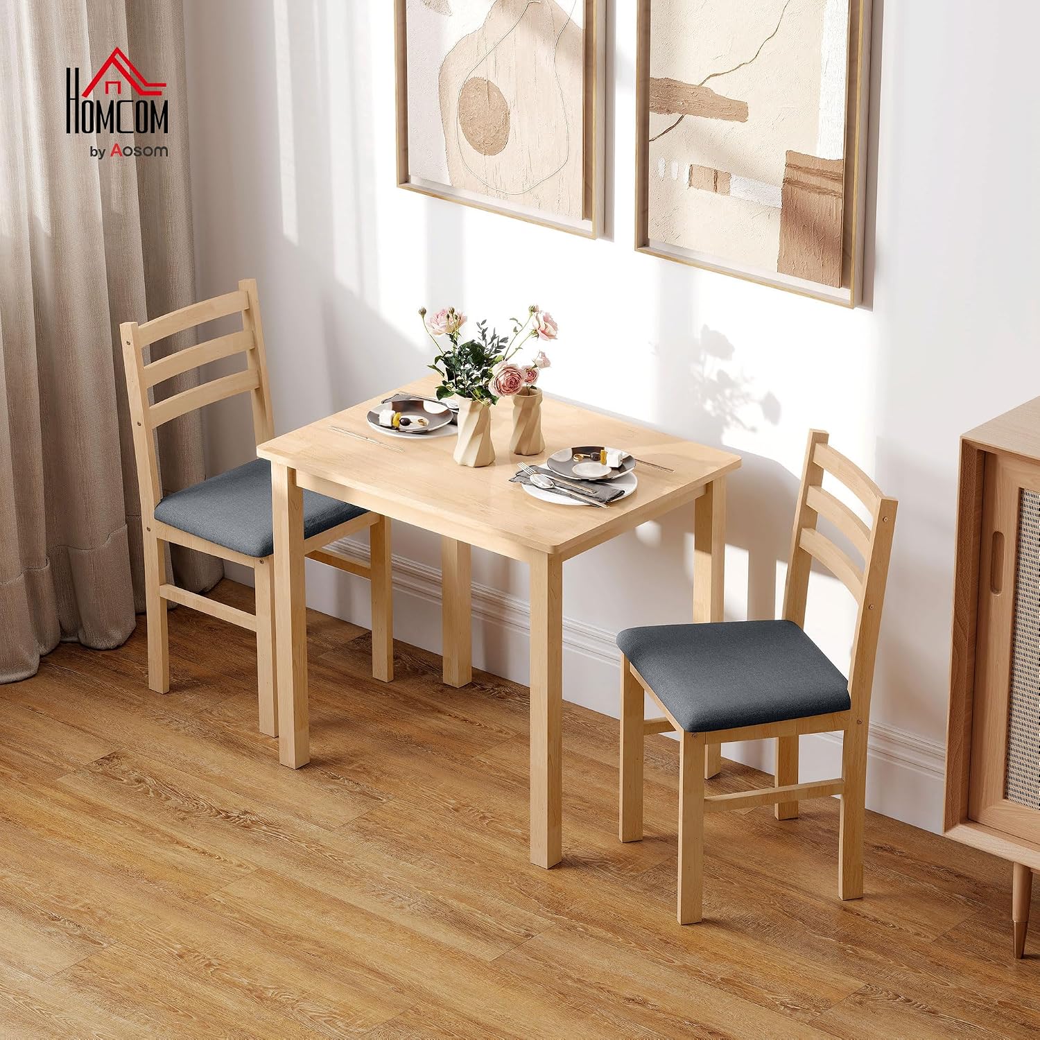 HOMCOM Essgruppe Holz 80 x 60 cm Esstisch mit 2 Stühlen Platzsparend Esszimmergruppe Sitzgruppe Rechteckig Küchentisch mit gepolsterten Essstühlen für kleine Raum, Esszimmer, Küche, Naturholz — Ansicht 2