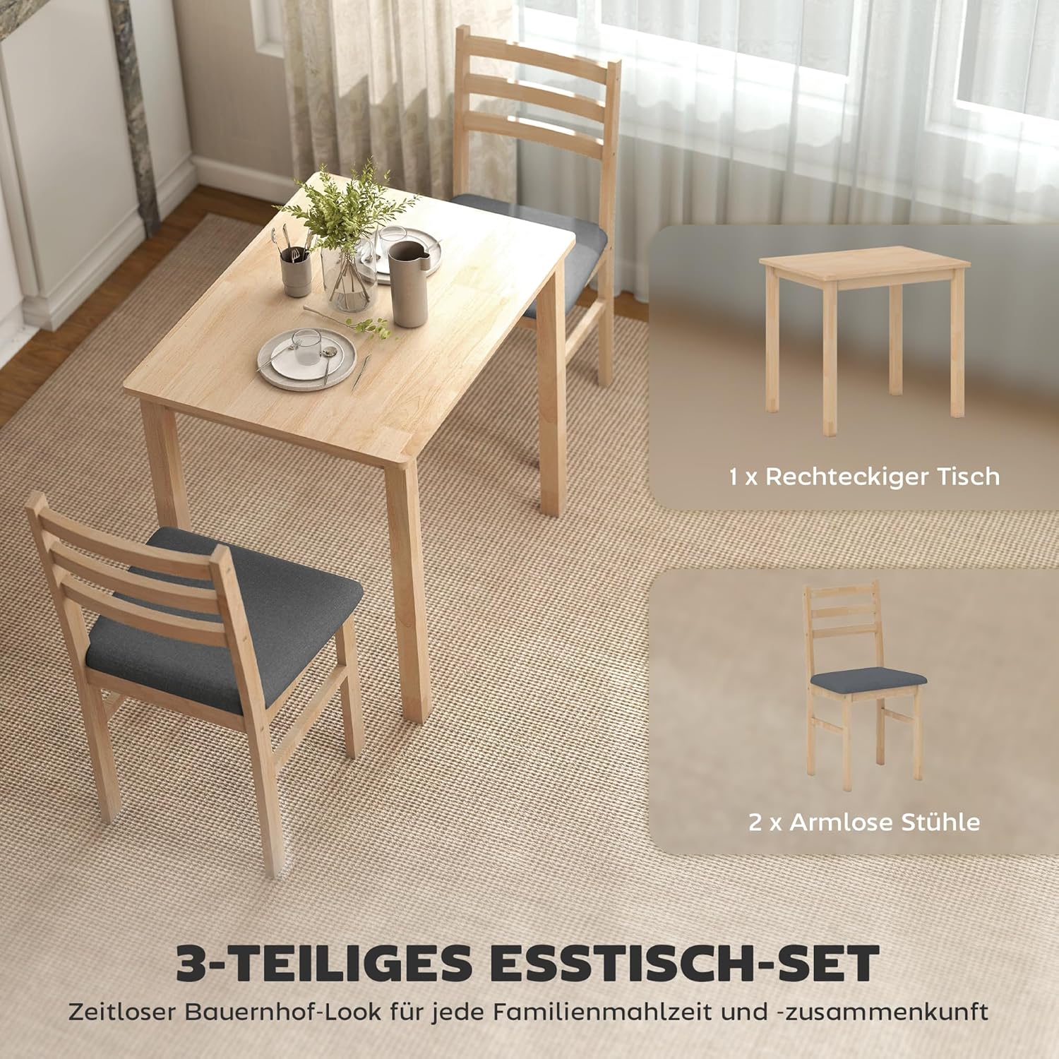 HOMCOM Essgruppe Holz 80 x 60 cm Esstisch mit 2 Stühlen Platzsparend Esszimmergruppe Sitzgruppe Rechteckig Küchentisch mit gepolsterten Essstühlen für kleine Raum, Esszimmer, Küche, Naturholz — Ansicht 3