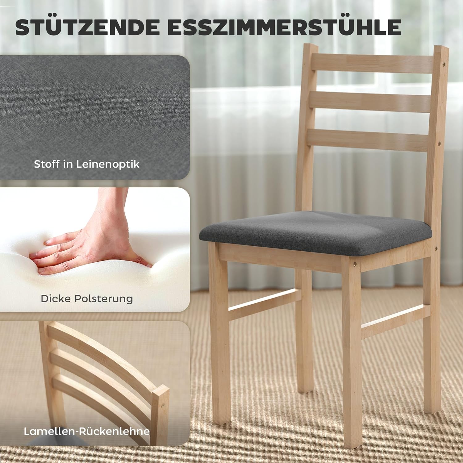 HOMCOM Essgruppe Holz 80 x 60 cm Esstisch mit 2 Stühlen Platzsparend Esszimmergruppe Sitzgruppe Rechteckig Küchentisch mit gepolsterten Essstühlen für kleine Raum, Esszimmer, Küche, Naturholz — Ansicht 4