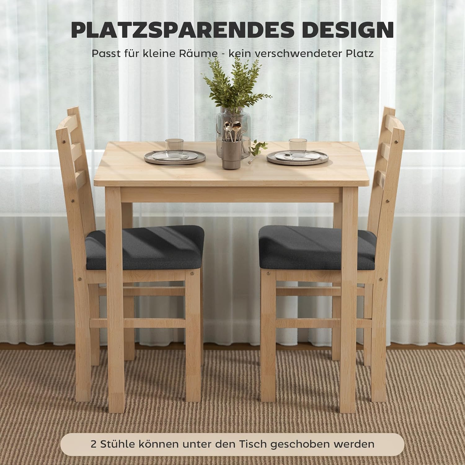 HOMCOM Essgruppe Holz 80 x 60 cm Esstisch mit 2 Stühlen Platzsparend Esszimmergruppe Sitzgruppe Rechteckig Küchentisch mit gepolsterten Essstühlen für kleine Raum, Esszimmer, Küche, Naturholz — Ansicht 5