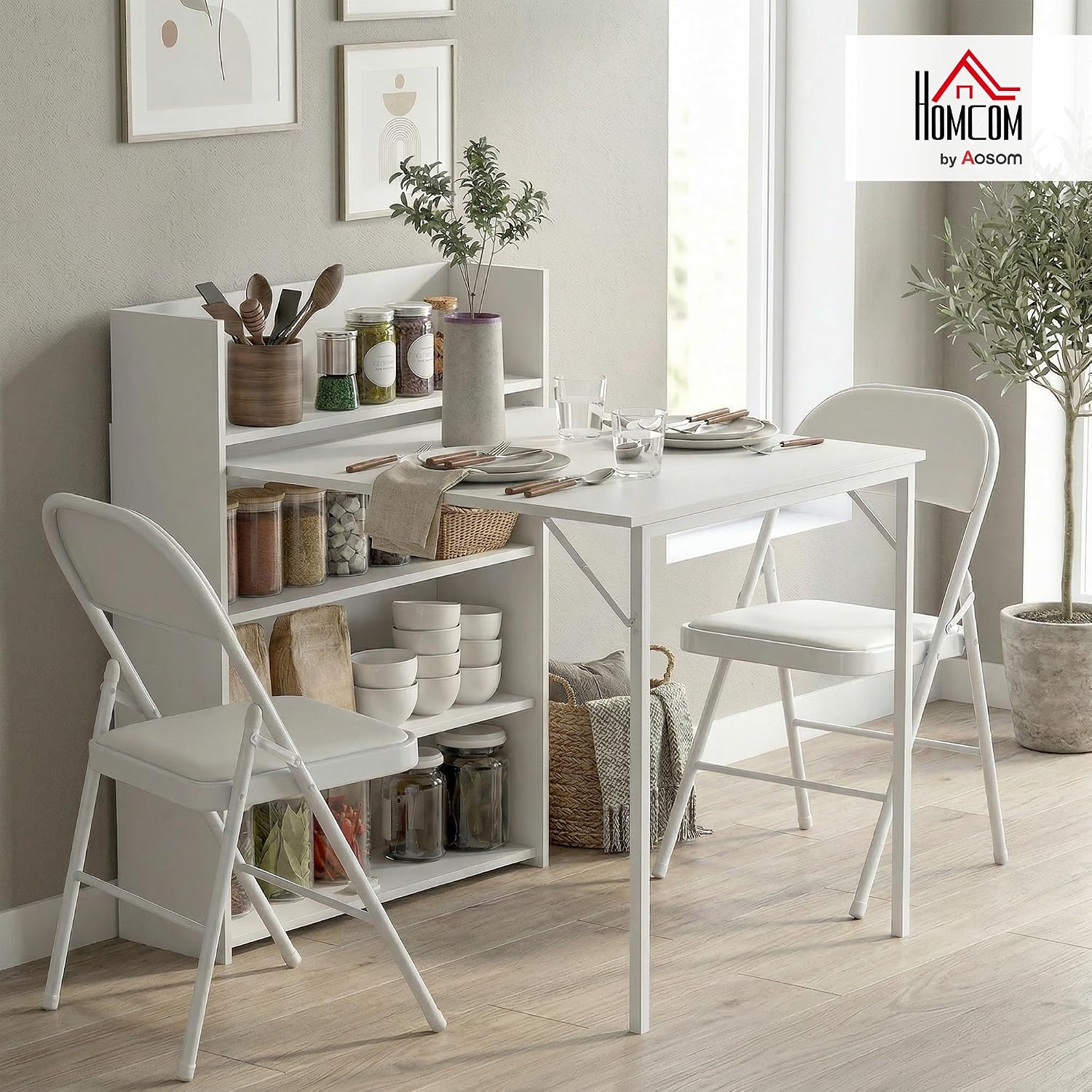 HOMCOM Essgruppe mit Klappbarem Esstisch und 2 Klappstühlen, Gepolsterten Kunstlederstühlen, Klapptisch mit 3 Regalen, Stahlrahmen, Platzsparend für Küche, Esszimmer, Kleine Räume, Weiß — Ansicht 2