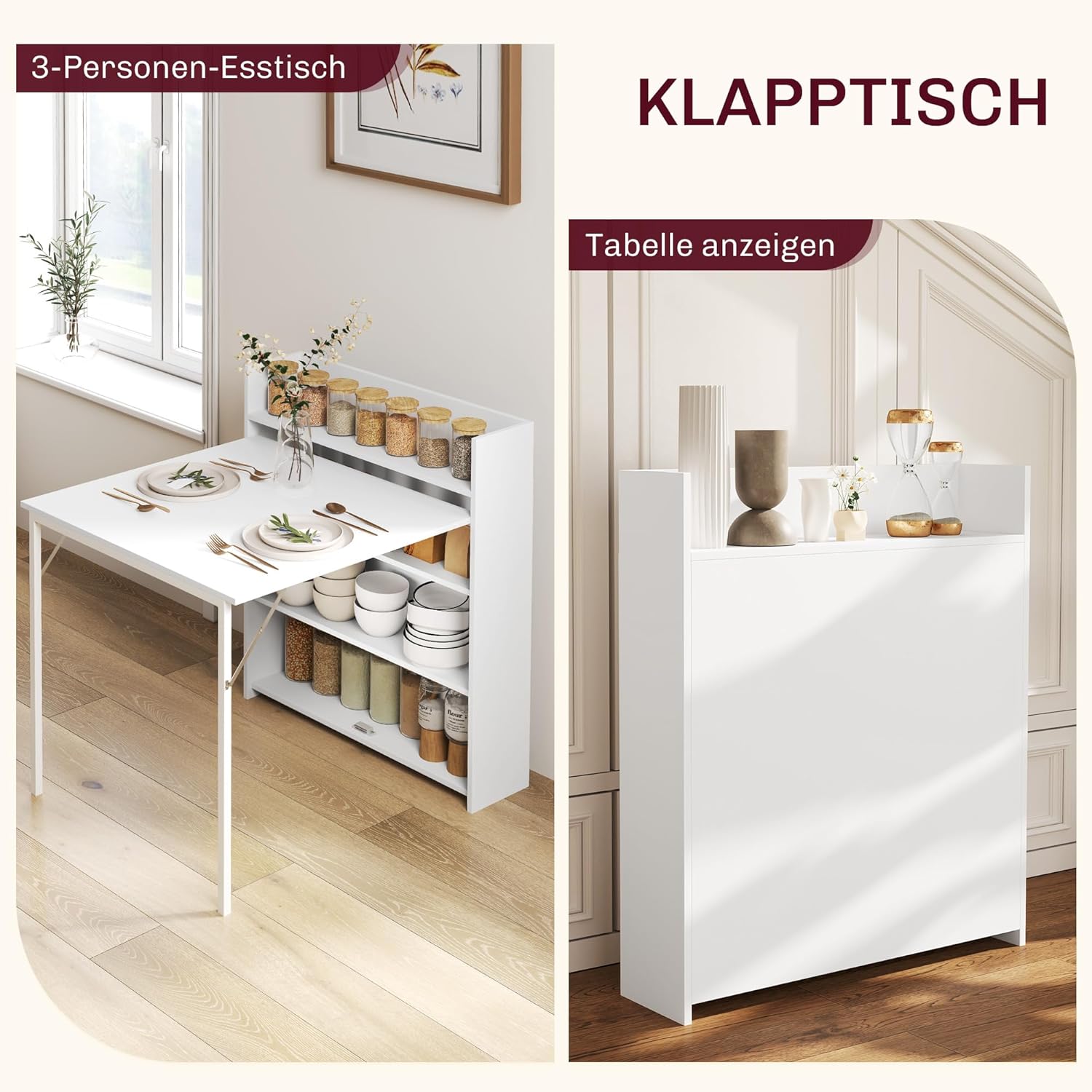 HOMCOM Essgruppe mit Klappbarem Esstisch und 2 Klappstühlen, Gepolsterten Kunstlederstühlen, Klapptisch mit 3 Regalen, Stahlrahmen, Platzsparend für Küche, Esszimmer, Kleine Räume, Weiß — Ansicht 3