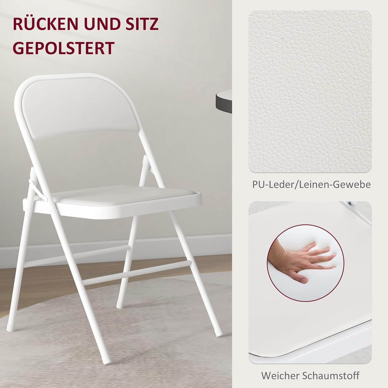 HOMCOM Essgruppe mit Klappbarem Esstisch und 2 Klappstühlen, Gepolsterten Kunstlederstühlen, Klapptisch mit 3 Regalen, Stahlrahmen, Platzsparend für Küche, Esszimmer, Kleine Räume, Weiß — Ansicht 6