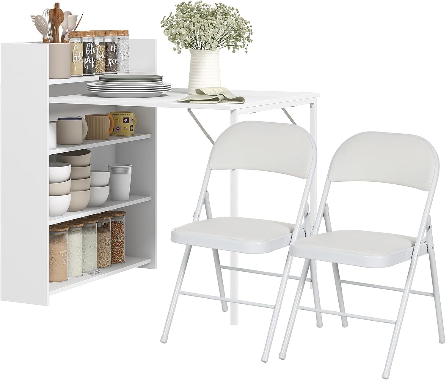 HOMCOM Essgruppe mit Klappbarem Esstisch und 2 Klappstühlen, Gepolsterten Kunstlederstühlen, Klapptisch mit 3 Regalen, Stahlrahmen, Platzsparend für Küche, Esszimmer, Kleine Räume, Weiß