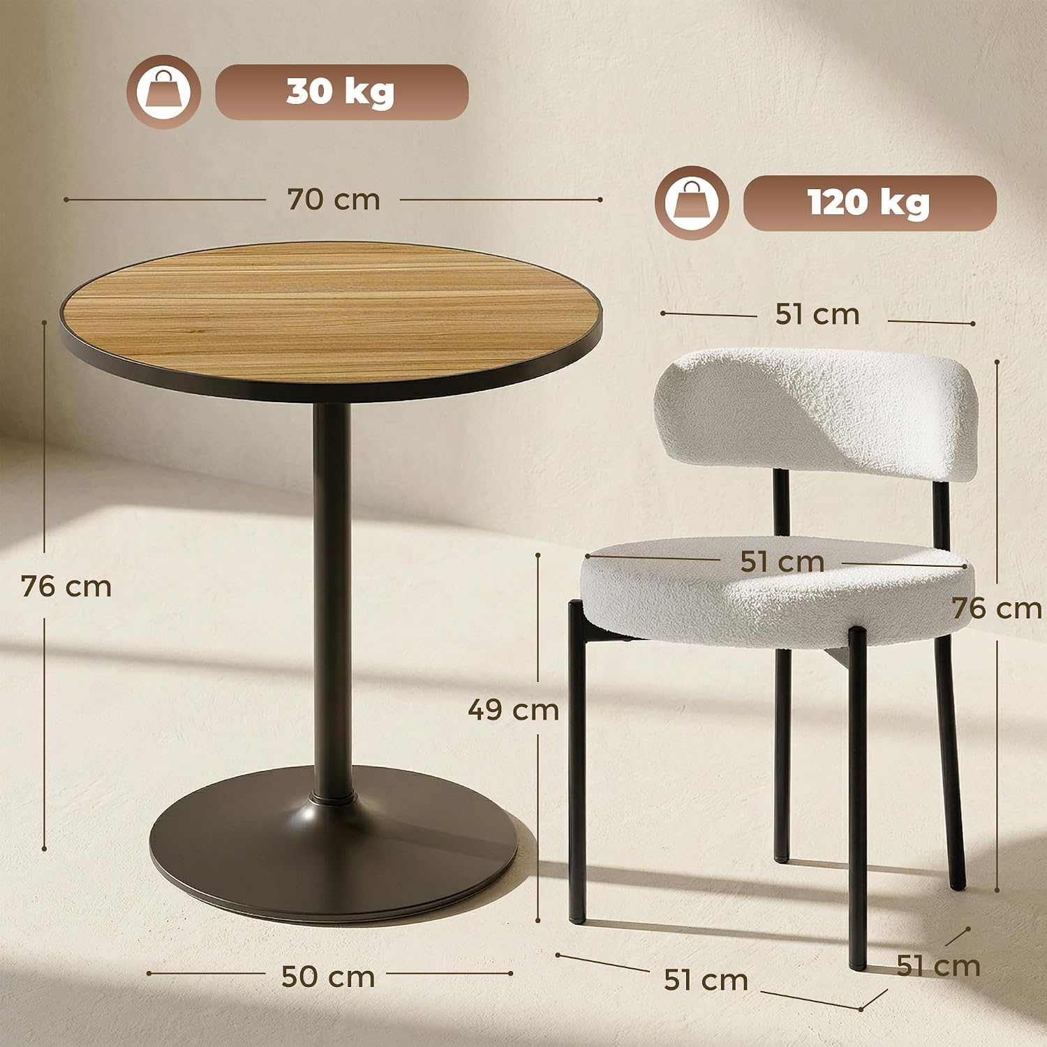 HOMCOM Essgruppe mit Rundem Esstisch und 2 Polsterstühlen, Küchenstuhl in Fleeceoptik mit Geschwungener Rückenlehne, Modernes Platzsparendes Set für Esszimmer und Küche, Eiche Cremeweiß — Ansicht 3