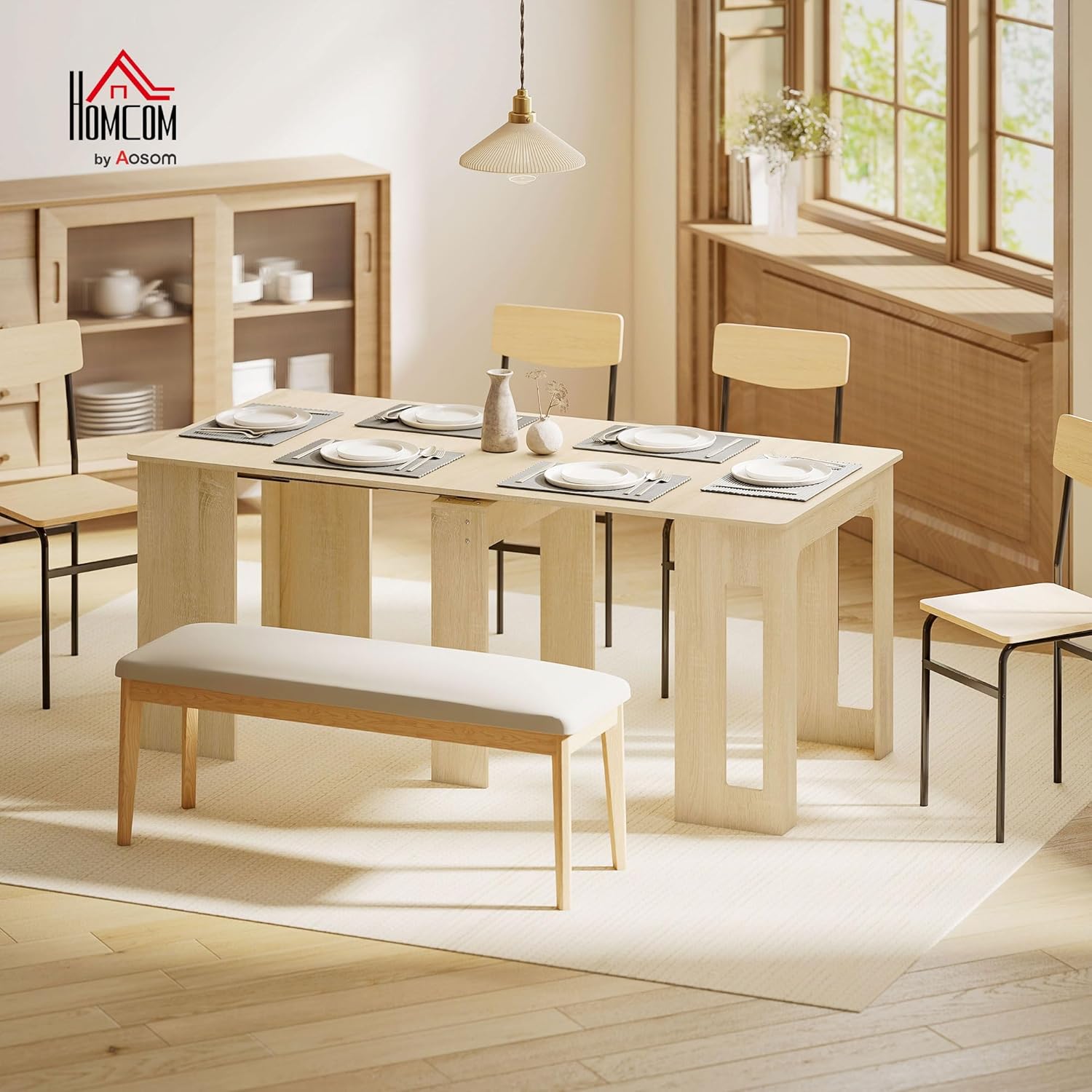 HOMCOM Esstisch, 60-180x85cm 3 Stufig Ausziehbar Küchentisch für bis 6 Personen, Modern Esszimmertisch, für Wohnzimmer, Esszimmer, Küche, Natur — Ansicht 2
