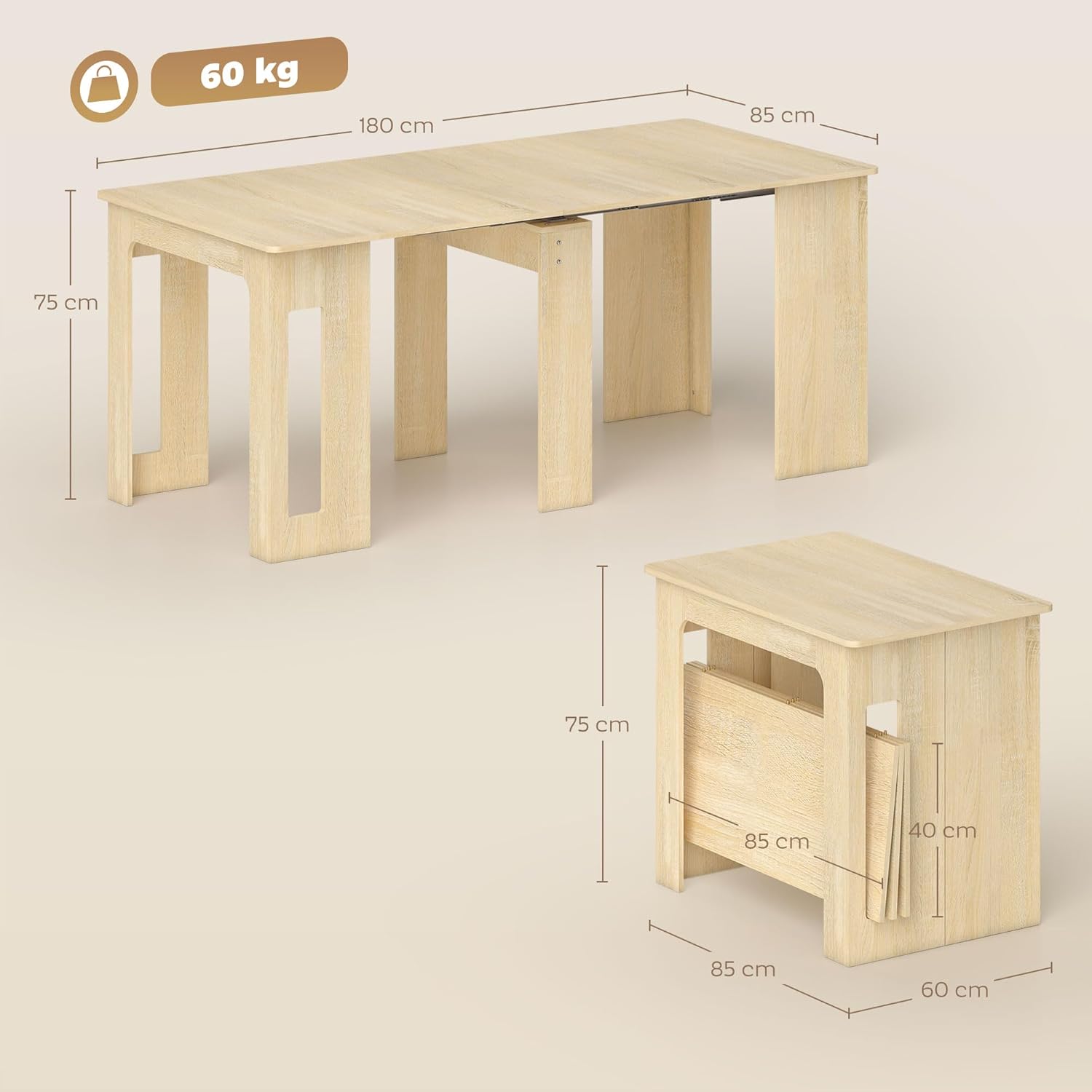HOMCOM Esstisch, 60-180x85cm 3 Stufig Ausziehbar Küchentisch für bis 6 Personen, Modern Esszimmertisch, für Wohnzimmer, Esszimmer, Küche, Natur — Ansicht 3