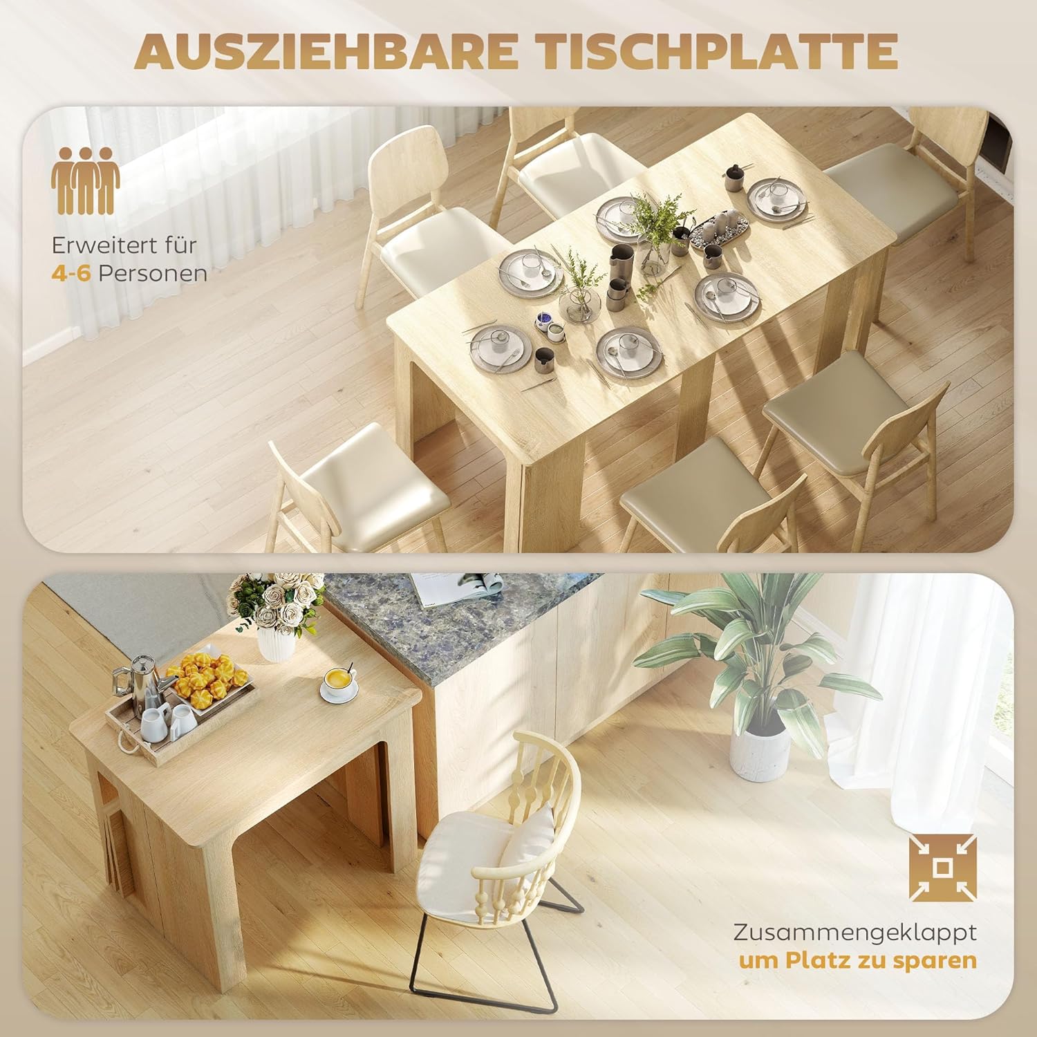 HOMCOM Esstisch, 60-180x85cm 3 Stufig Ausziehbar Küchentisch für bis 6 Personen, Modern Esszimmertisch, für Wohnzimmer, Esszimmer, Küche, Natur — Ansicht 4
