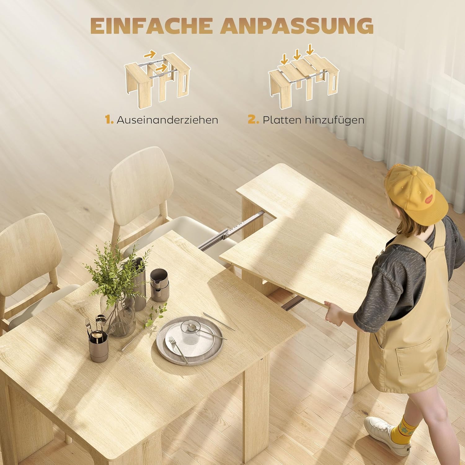 HOMCOM Esstisch, 60-180x85cm 3 Stufig Ausziehbar Küchentisch für bis 6 Personen, Modern Esszimmertisch, für Wohnzimmer, Esszimmer, Küche, Natur — Ansicht 5