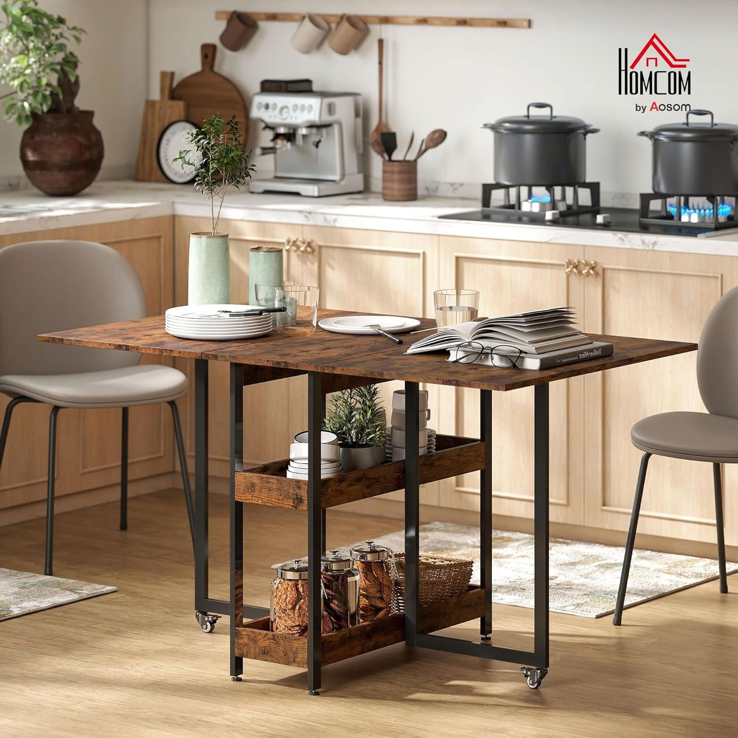 HOMCOM Esstisch Klappbar Küchentisch für 2-4 Personen mit 2 Offenen Ablagen, Esszimmertisch Klapptisch mit Rollen für Kleine Räume, Esszimmer, Küche 133,4 x 80 x 75 cm Rustikal-Braun — Ansicht 2