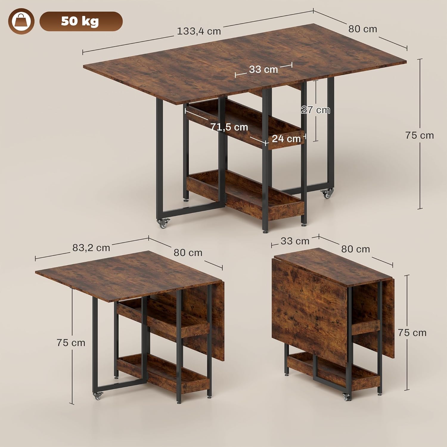 HOMCOM Esstisch Klappbar Küchentisch für 2-4 Personen mit 2 Offenen Ablagen, Esszimmertisch Klapptisch mit Rollen für Kleine Räume, Esszimmer, Küche 133,4 x 80 x 75 cm Rustikal-Braun — Ansicht 3