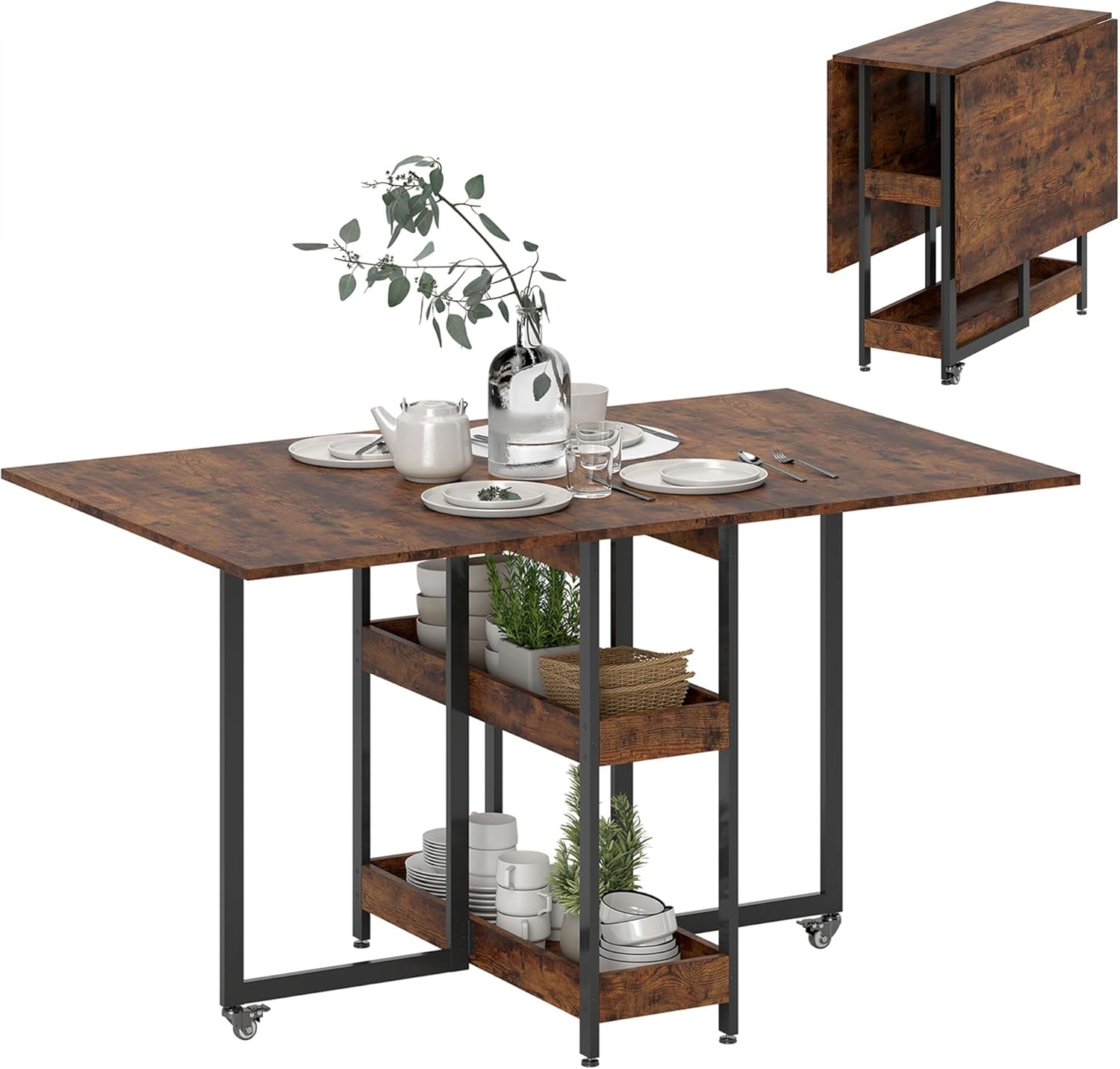 HOMCOM Esstisch Klappbar Küchentisch für 2-4 Personen mit 2 Offenen Ablagen, Esszimmertisch Klapptisch mit Rollen für Kleine Räume, Esszimmer, Küche 133,4 x 80 x 75 cm Rustikal-Braun