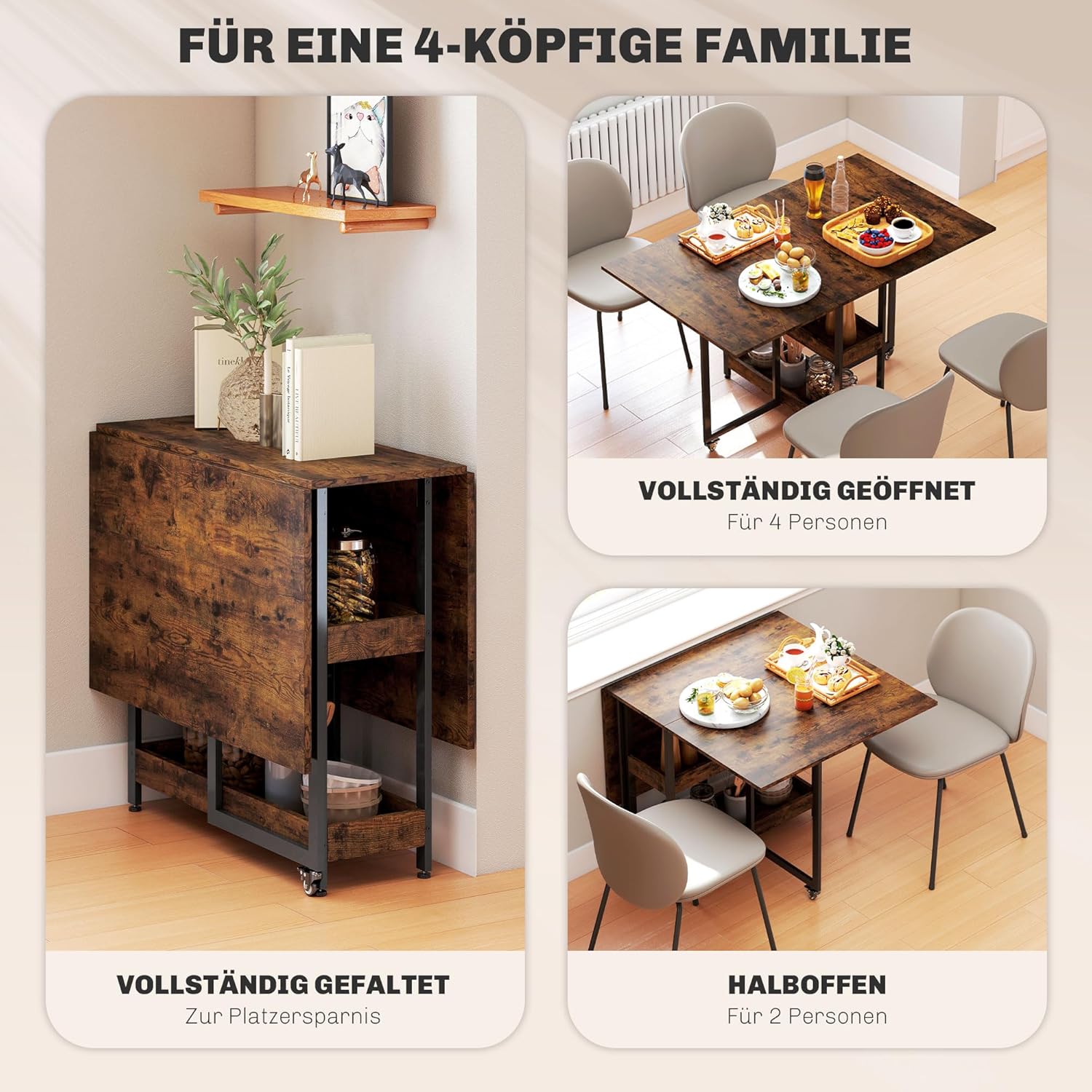 HOMCOM Esstisch Klappbar Küchentisch für 2-4 Personen mit 2 Offenen Ablagen, Esszimmertisch Klapptisch mit Rollen für Kleine Räume, Esszimmer, Küche 133,4 x 80 x 75 cm Rustikal-Braun — Ansicht 4