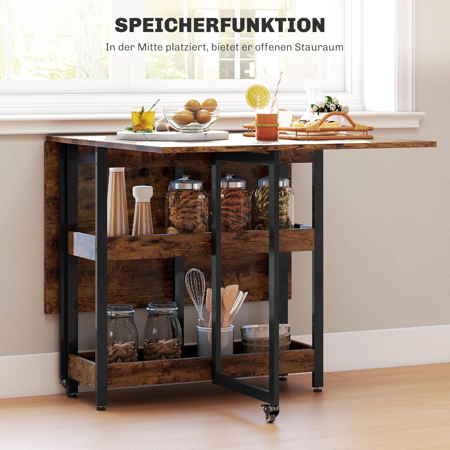 HOMCOM Esstisch Klappbar Küchentisch für 2-4 Personen mit 2 Offenen Ablagen, Esszimmertisch Klapptisch mit Rollen für Kleine Räume, Esszimmer, Küche 133,4 x 80 x 75 cm Rustikal-Braun — Ansicht 5