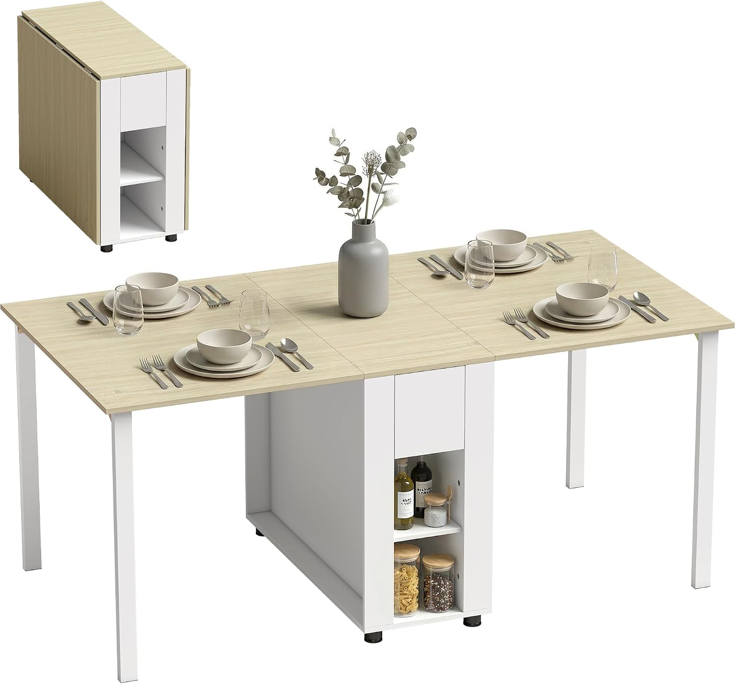 HOMCOM Esstisch Klappbar, Küchentisch mit 2 Schubladen, 4 Ablagen für bis zu 6 Personen, Moderner Klapptisch mit Holzbeinen, Esszimmertisch für Esszimmer, Küche, 168,2 x 85 x 73 cm, Natur und Weiß