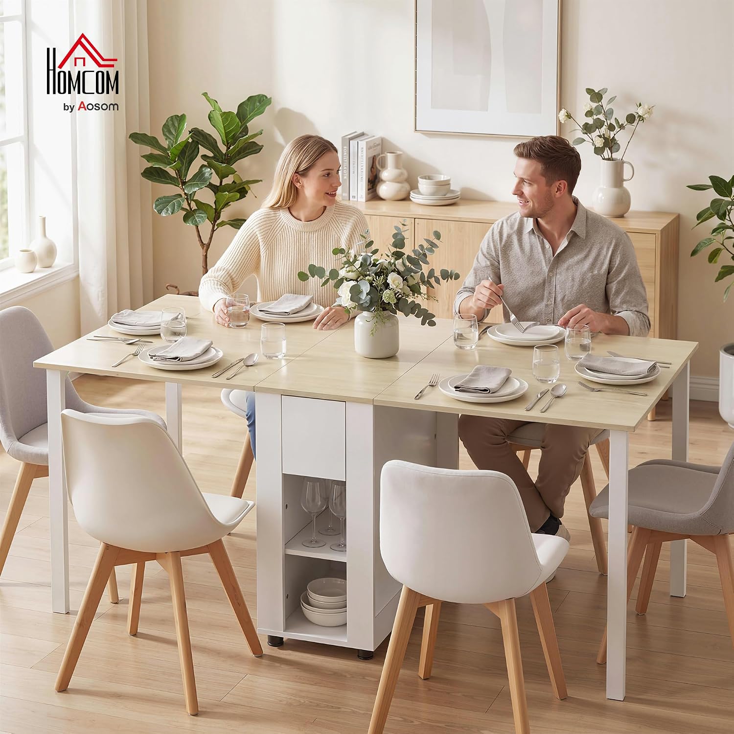 HOMCOM Esstisch Klappbar, Küchentisch mit 2 Schubladen, 4 Ablagen für bis zu 6 Personen, Moderner Klapptisch mit Holzbeinen, Esszimmertisch für Esszimmer, Küche, 168,2 x 85 x 73 cm, Natur und Weiß — Ansicht 2