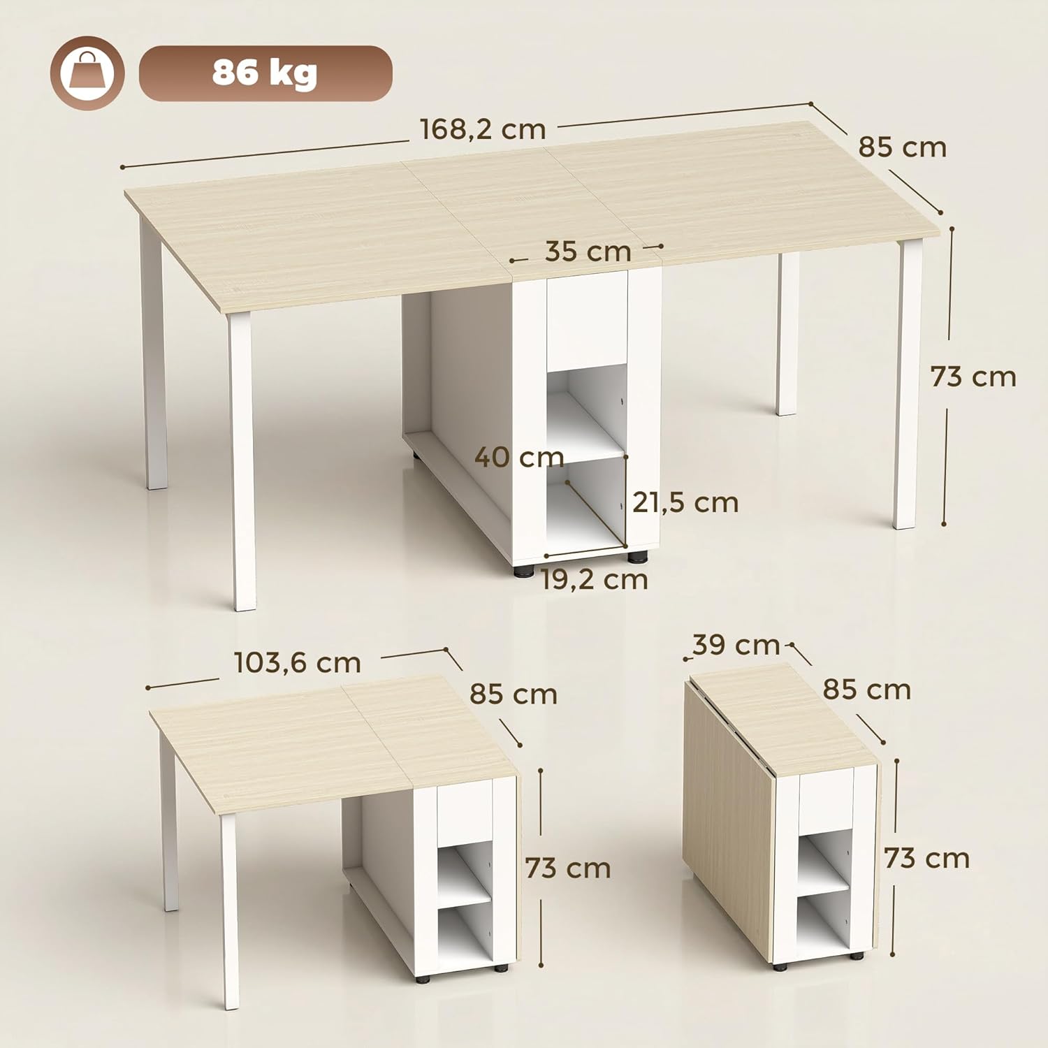 HOMCOM Esstisch Klappbar, Küchentisch mit 2 Schubladen, 4 Ablagen für bis zu 6 Personen, Moderner Klapptisch mit Holzbeinen, Esszimmertisch für Esszimmer, Küche, 168,2 x 85 x 73 cm, Natur und Weiß — Ansicht 3