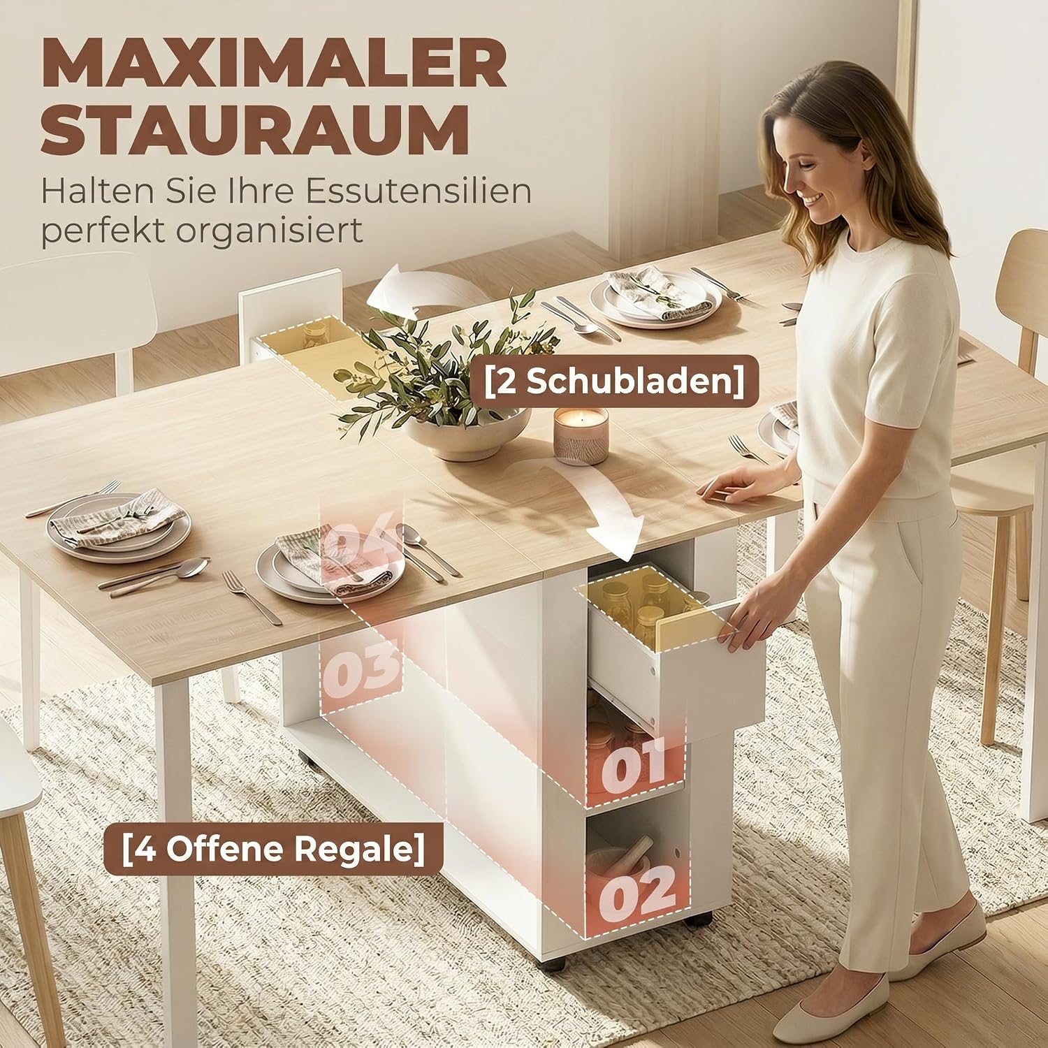 HOMCOM Esstisch Klappbar, Küchentisch mit 2 Schubladen, 4 Ablagen für bis zu 6 Personen, Moderner Klapptisch mit Holzbeinen, Esszimmertisch für Esszimmer, Küche, 168,2 x 85 x 73 cm, Natur und Weiß — Ansicht 4