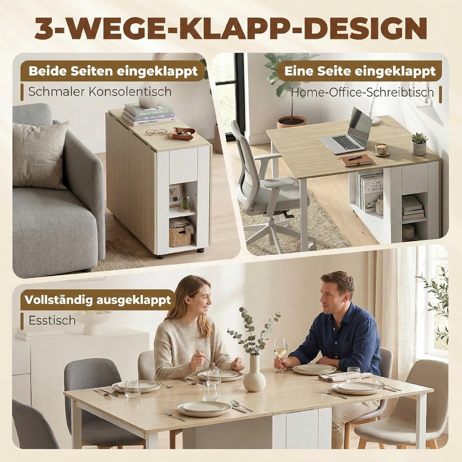 HOMCOM Esstisch Klappbar, Küchentisch mit 2 Schubladen, 4 Ablagen für bis zu 6 Personen, Moderner Klapptisch mit Holzbeinen, Esszimmertisch für Esszimmer, Küche, 168,2 x 85 x 73 cm, Natur und Weiß — Ansicht 5