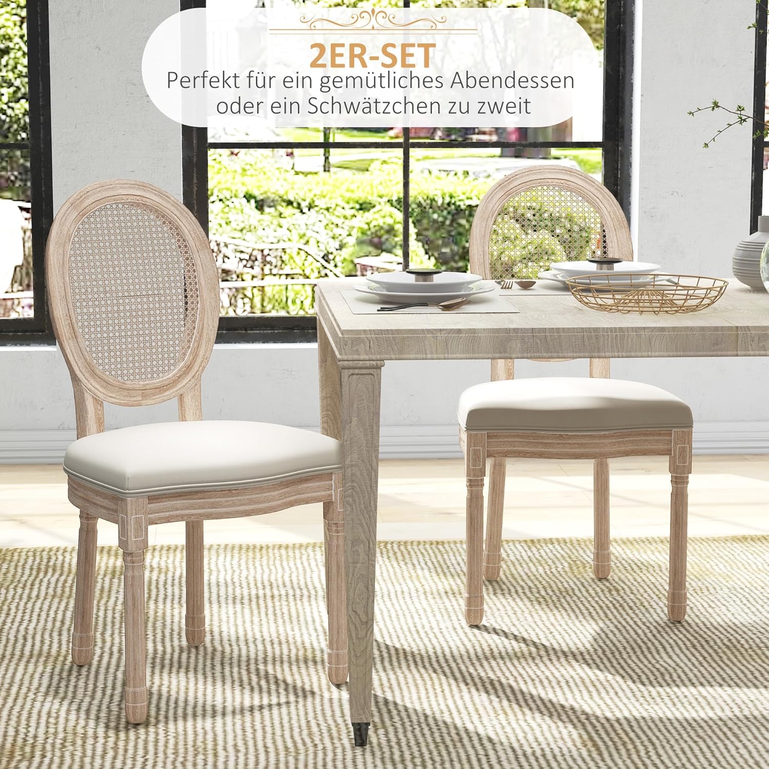 HOMCOM Esszimmerstühle 2er Set Küchenstuhl mit Rückenlehne, Leinenoptik, Sessel Polsterstuhl mit Rattanoptik, Stühle Holzbeine, Wohnzimmerstuhl für Esstisch Küche, Cremeweiß — Ansicht 4