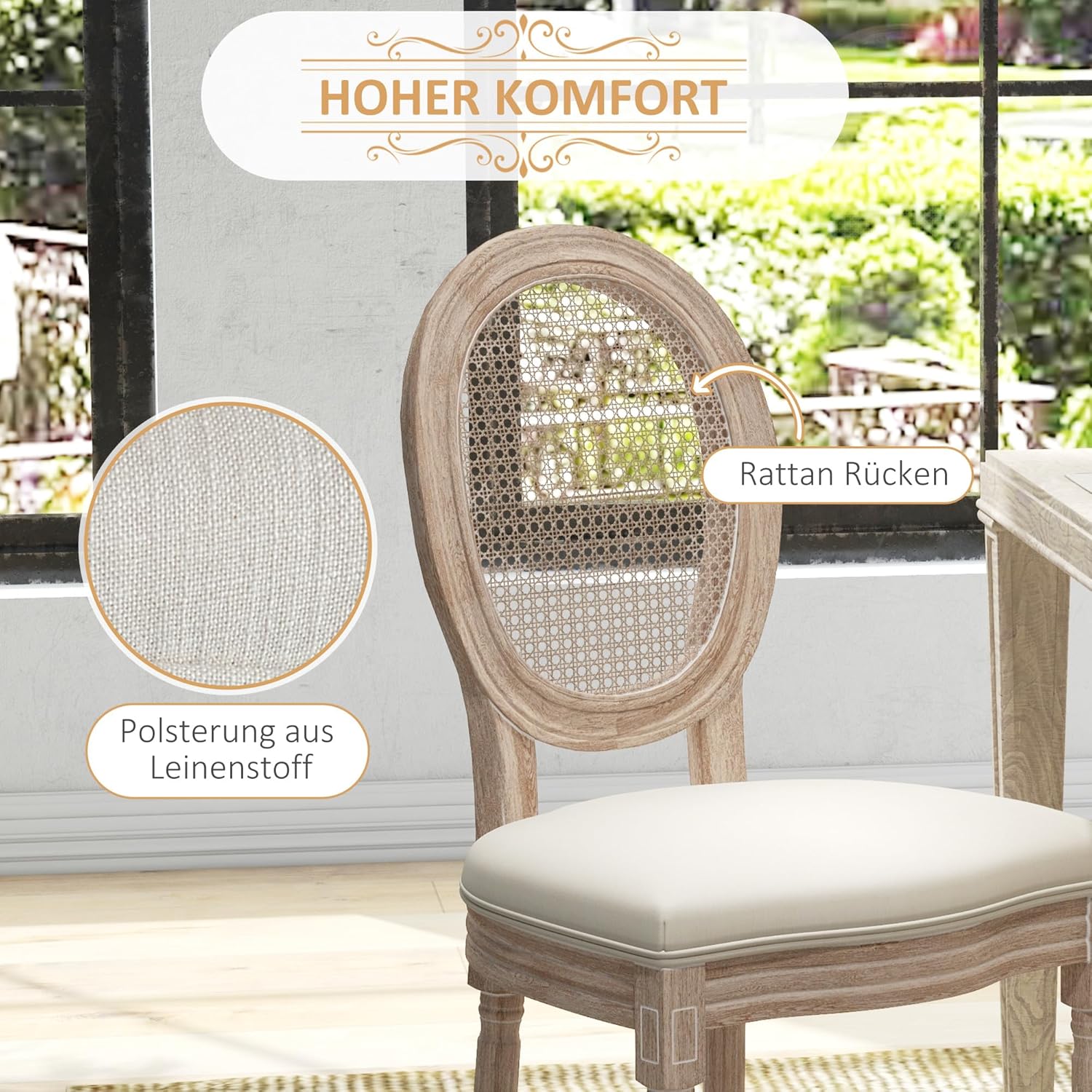 HOMCOM Esszimmerstühle 2er Set Küchenstuhl mit Rückenlehne, Leinenoptik, Sessel Polsterstuhl mit Rattanoptik, Stühle Holzbeine, Wohnzimmerstuhl für Esstisch Küche, Cremeweiß — Ansicht 5