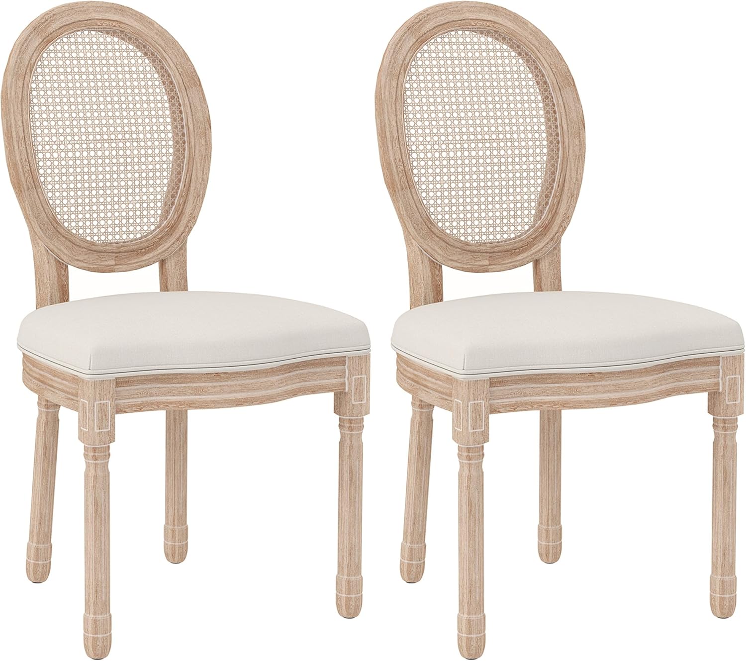 HOMCOM Esszimmerstühle 2er Set Küchenstuhl mit Rückenlehne, Leinenoptik, Sessel Polsterstuhl mit Rattanoptik, Stühle Holzbeine, Wohnzimmerstuhl für Esstisch Küche, Cremeweiß