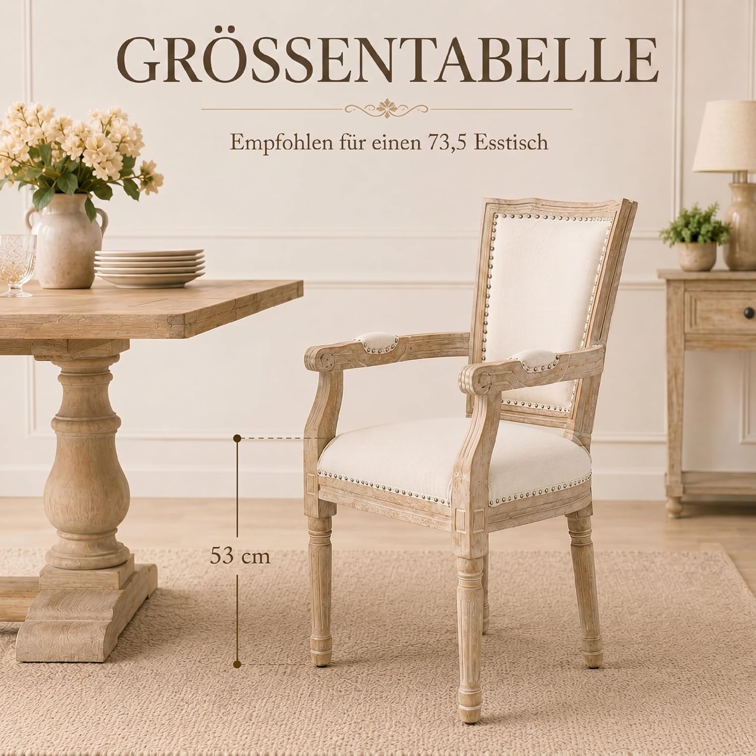 HOMCOM Esszimmerstuhl Küchenstuhl mit Rückenlehne, Leinenoptik, dick Polser, Holzbeine, Sessel Polsterstuhl im Vintage Design, Wohnzimmerstuhl für Esstisch, Cremeweiß — Ansicht 3