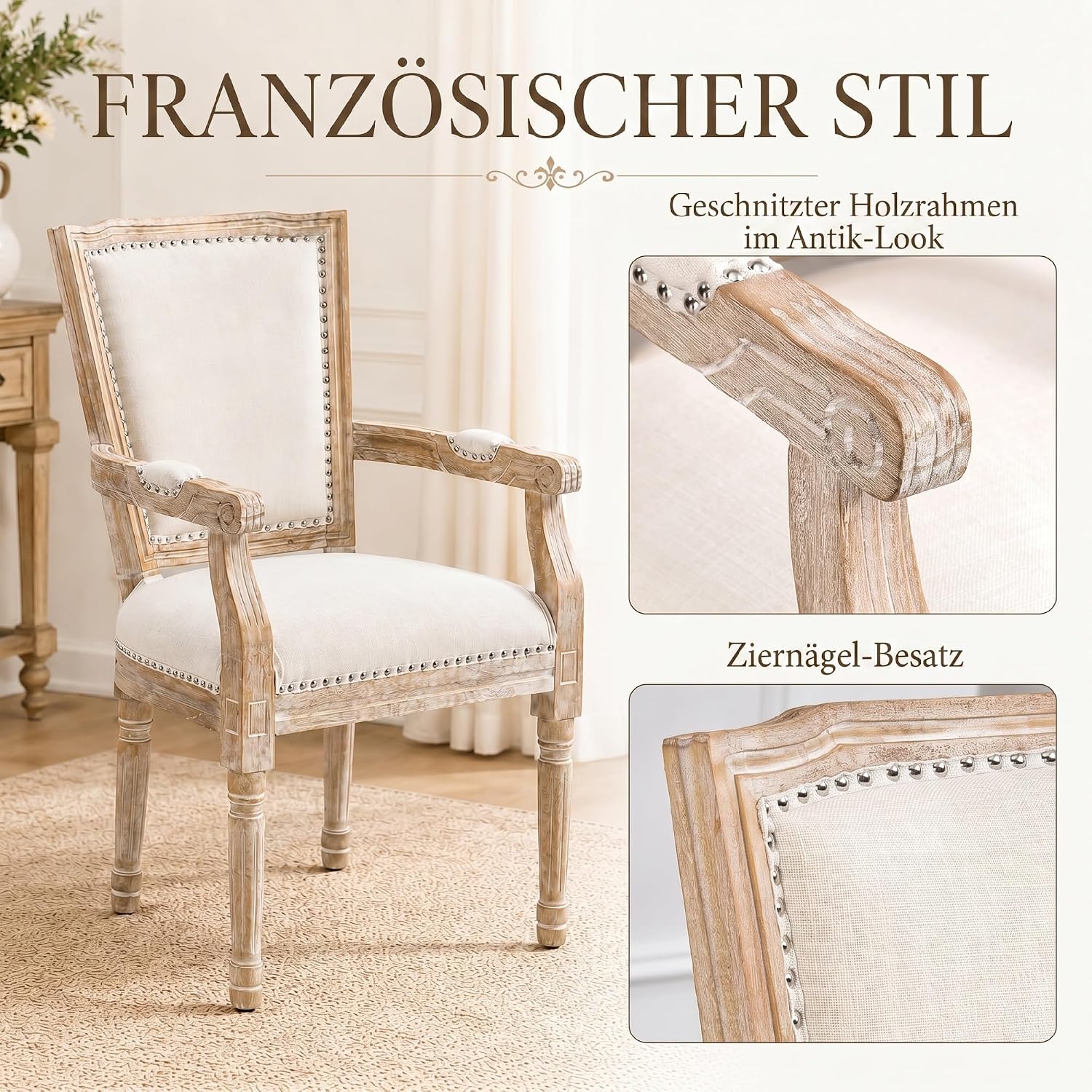 HOMCOM Esszimmerstuhl Küchenstuhl mit Rückenlehne, Leinenoptik, dick Polser, Holzbeine, Sessel Polsterstuhl im Vintage Design, Wohnzimmerstuhl für Esstisch, Cremeweiß — Ansicht 4