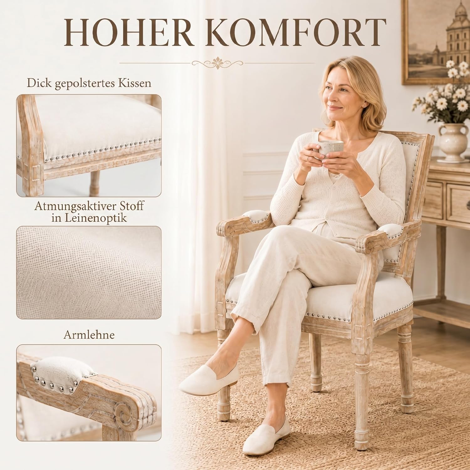 HOMCOM Esszimmerstuhl Küchenstuhl mit Rückenlehne, Leinenoptik, dick Polser, Holzbeine, Sessel Polsterstuhl im Vintage Design, Wohnzimmerstuhl für Esstisch, Cremeweiß — Ansicht 5